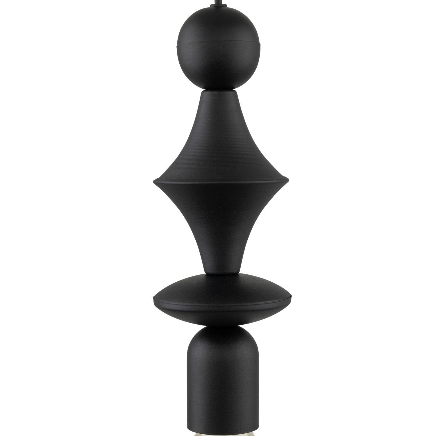 Czarna, metalowa lampa wisząca o nowoczesnym designie, składająca się z kilku geometrycznych kształtów. Lampa posiada regulowaną wysokość i jest przeznaczona do żarówek E27.