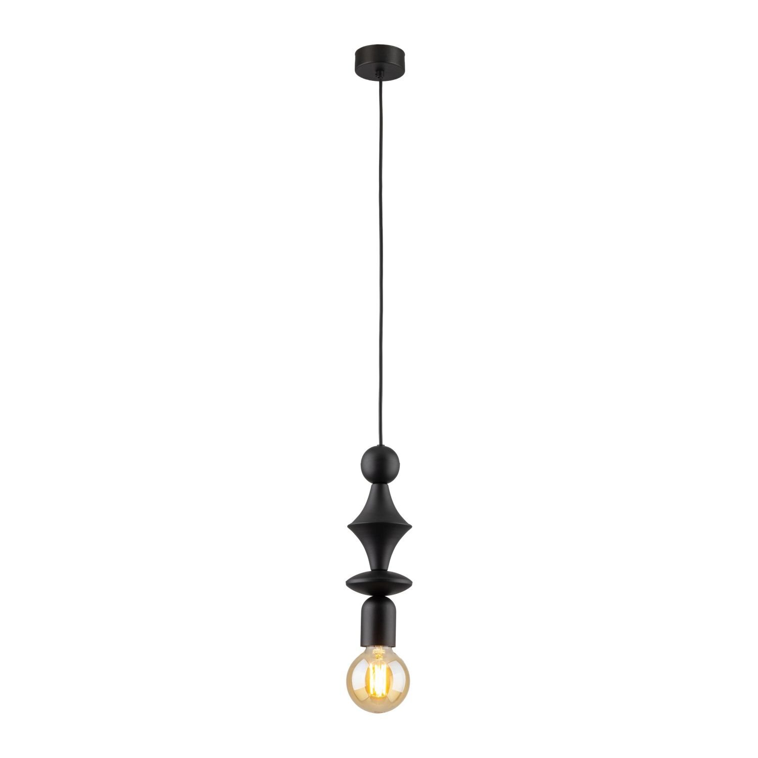 Czarna metalowa lampa wisząca z regulowaną wysokością, wyposażona w żarówkę E27. Lampa ma nowoczesny design z punktowym źródłem światła.