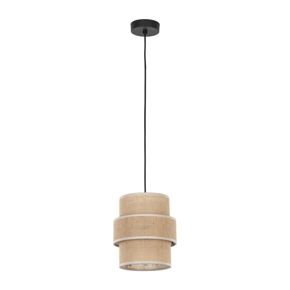 Lampa wisząca z beżowym kloszem wykonanym z juty, zawieszona na czarnym przewodzie. Klosz ma cylindryczny kształt z dodatkowymi poziomymi elementami dekoracyjnymi.