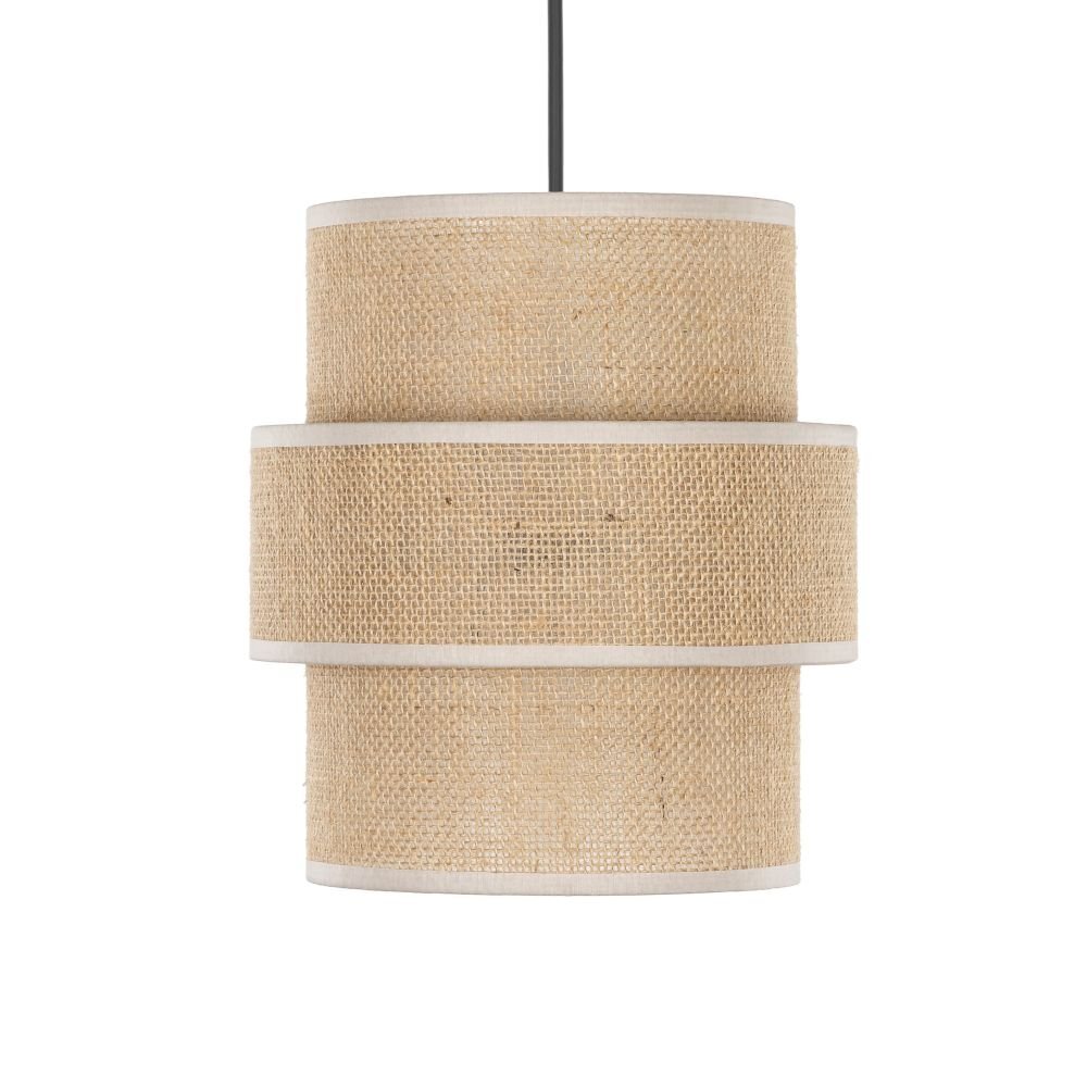 Lampa wisząca z beżowym abażurem wykonanym z juty, z czarnym przewodem. Konstrukcja składa się z dwóch cylindrycznych elementów o różnej średnicy.