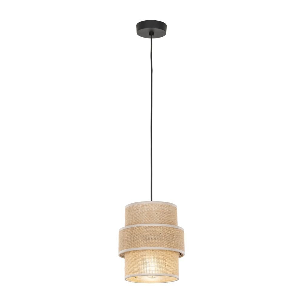 Lampa wisząca z beżowym kloszem z juty i czarnymi elementami, zawieszona na czarnym przewodzie. Klosz ma cylindryczny kształt z trzema poziomymi segmentami.