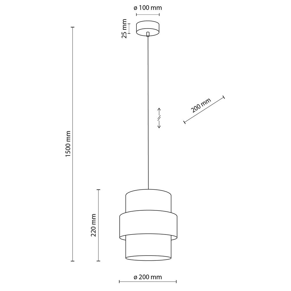 Schemat lampy wiszącej z wymiarami: wysokość 1500 mm, średnica klosza 200 mm, wysokość klosza 220 mm, średnica mocowania sufitowego 100 mm, wysokość mocowania 25 mm. Widoczna jest możliwość regulacji wysokości.
