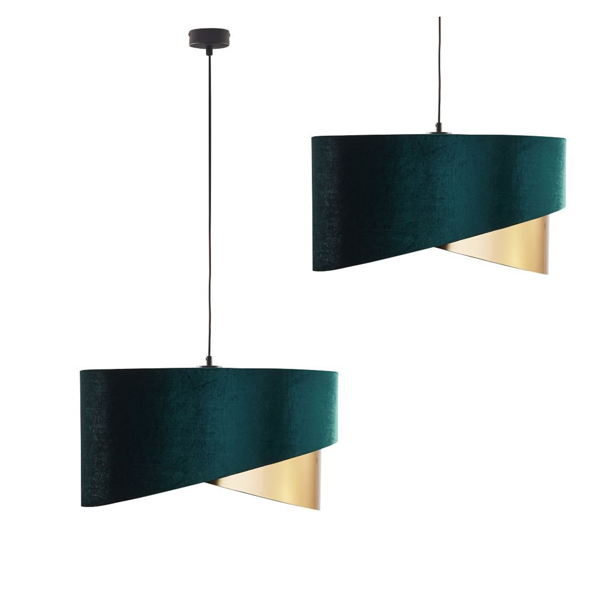 Na obrazie widoczne są dwie wiszące lampy o ciemnozielonym kolorze z elementami złota. Lampy mają nowoczesny design z regulowanym przewodem.