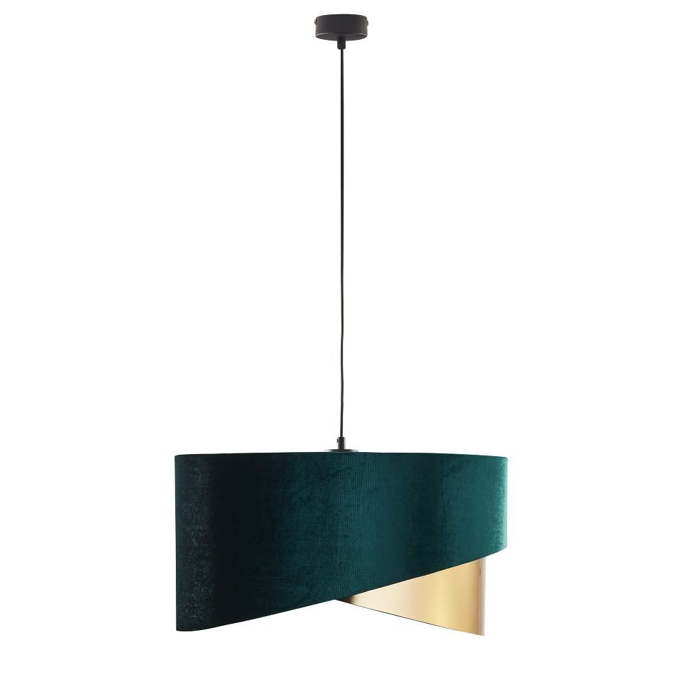 Lampa wisząca z ciemnozielonym abażurem i złotym wnętrzem, zawieszona na czarnym przewodzie z czarną podsufitką.