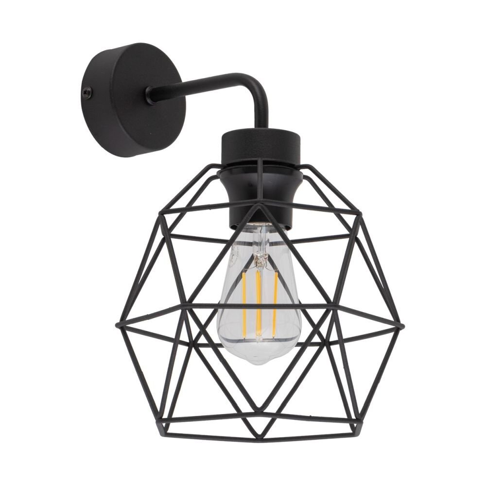 Czarny kinkiet ścienny z metalowym, geometrycznym kloszem, w którym znajduje się żarówka LED. Kinkiet ma nowoczesny design i jest przeznaczony do salonu i sypialni.