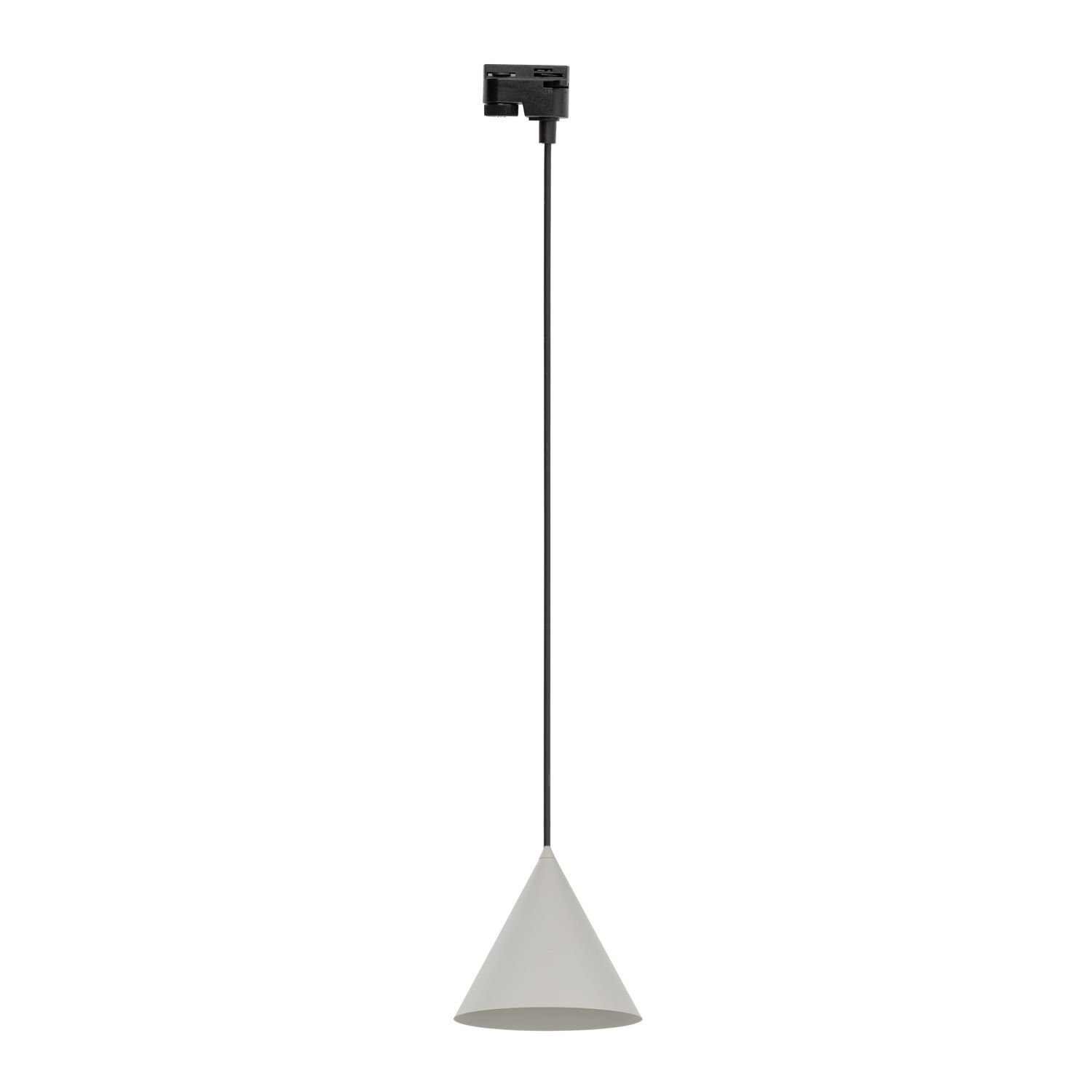 Na obrazie widoczna jest lampa wisząca z kloszem w kształcie stożka w kolorze beżowym, zawieszona na czarnym przewodzie. Lampa jest przymocowana do czarnego elementu montażowego.