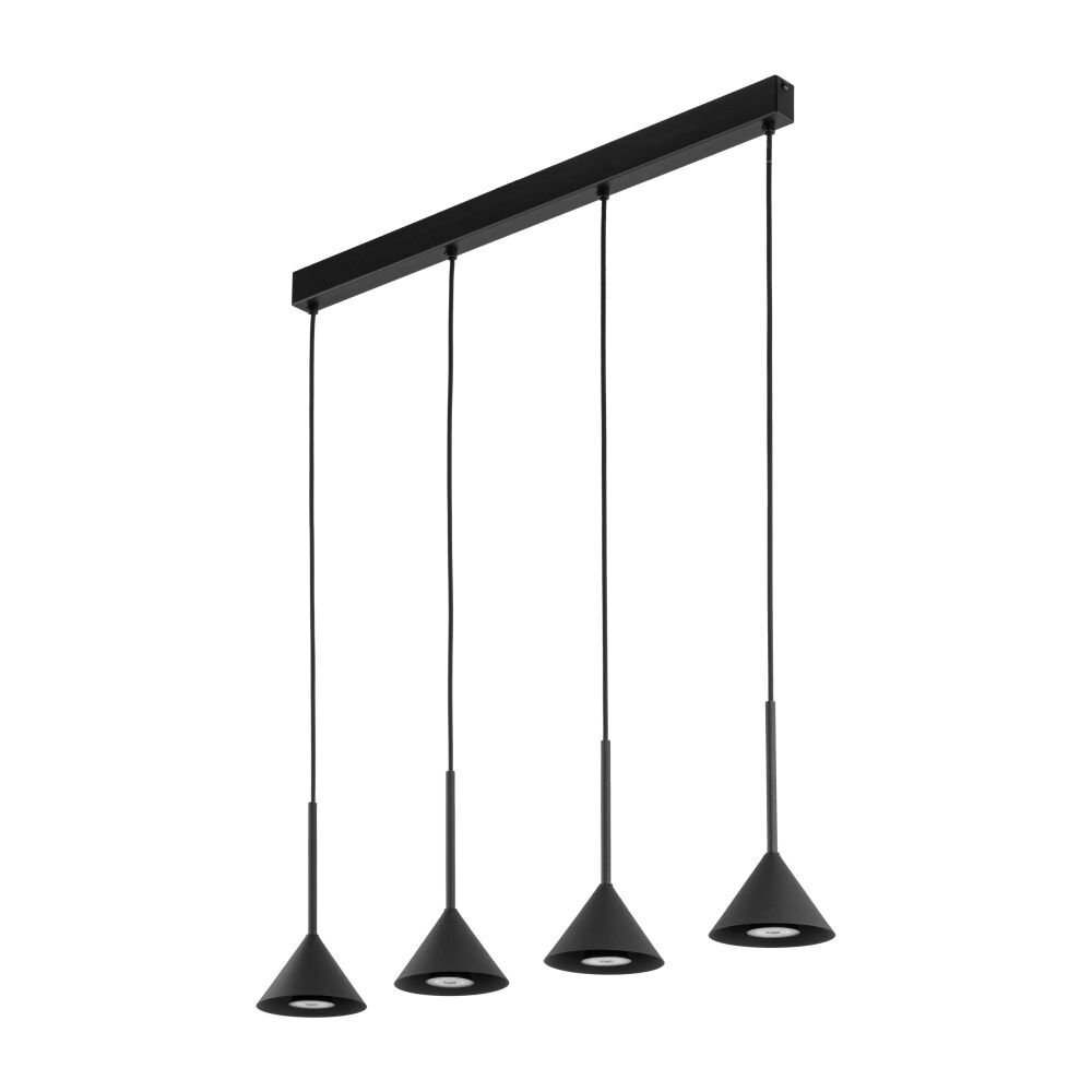 Czarna lampa wisząca z czterema stożkowymi kloszami, zawieszona na prostokątnej listwie. Każdy klosz jest podwieszony na regulowanym przewodzie.