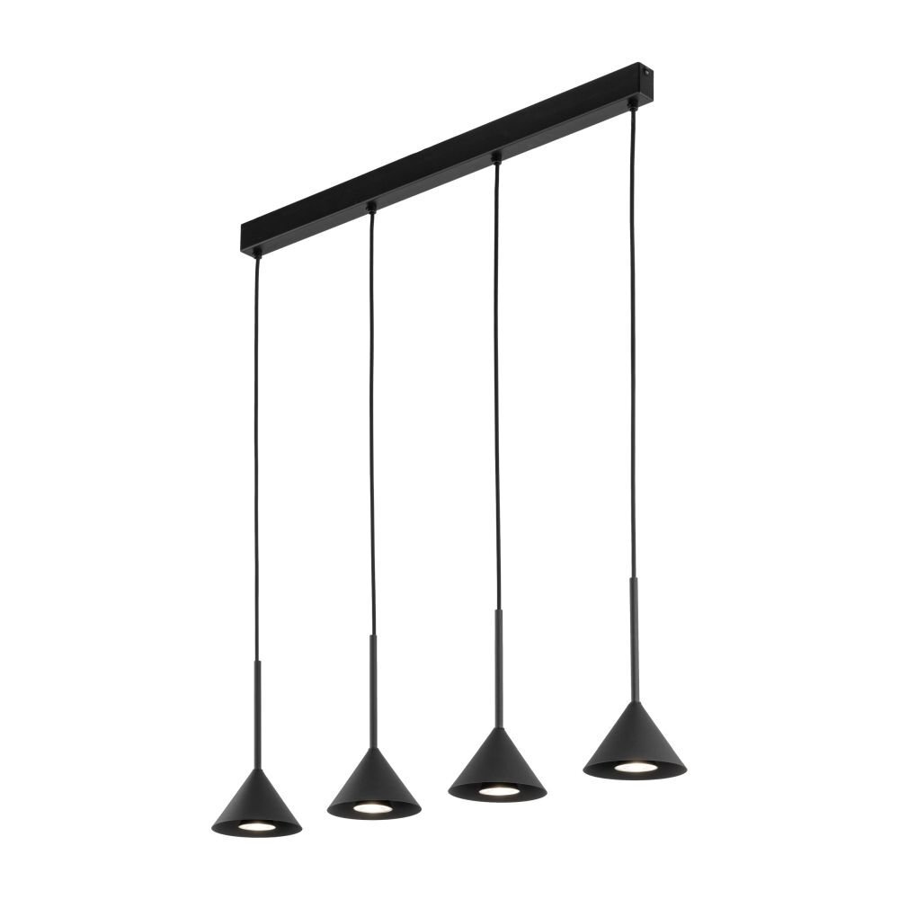 Czarna lampa wisząca z czterema stożkowymi kloszami, zawieszona na prostokątnej listwie. Każdy klosz jest podwieszony na cienkim przewodzie, umożliwiając regulację wysokości.