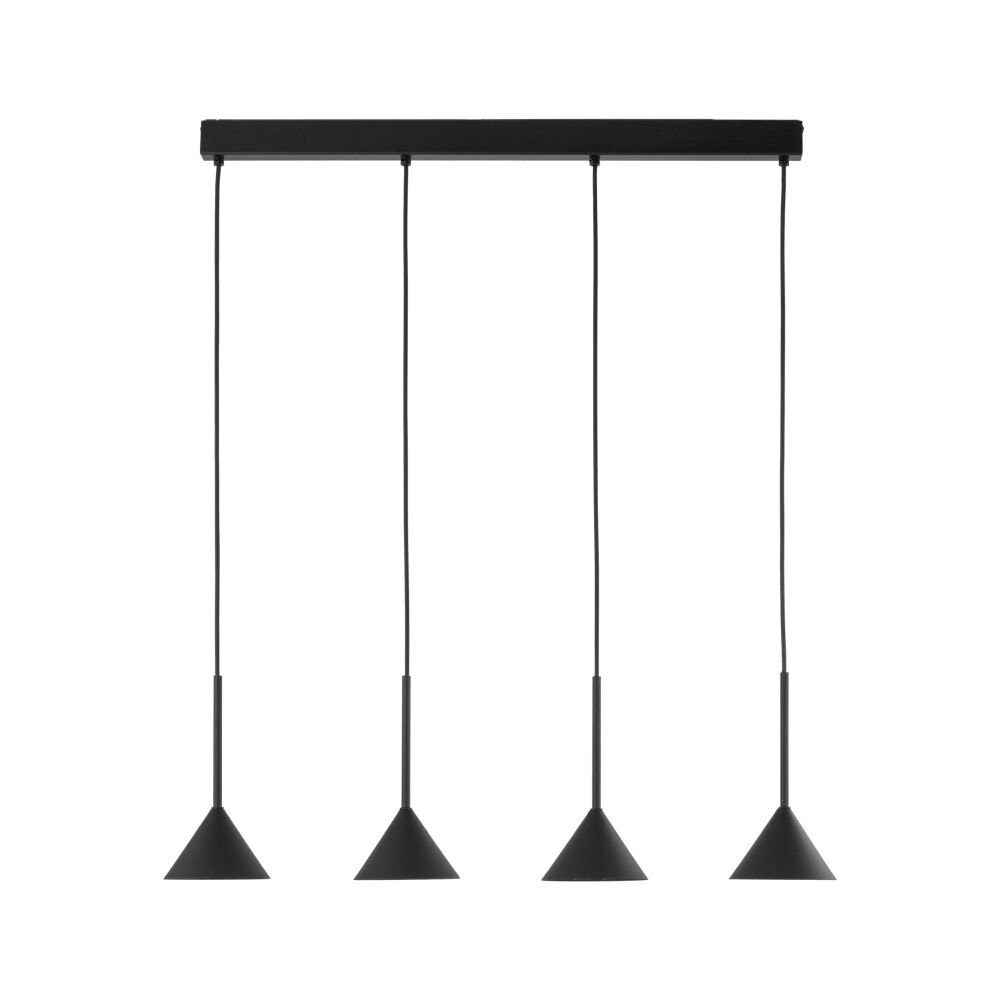 Czarna lampa wisząca z czterema stożkowymi kloszami zawieszonymi na cienkich przewodach. Klosze są równomiernie rozmieszczone na prostokątnej listwie sufitowej.