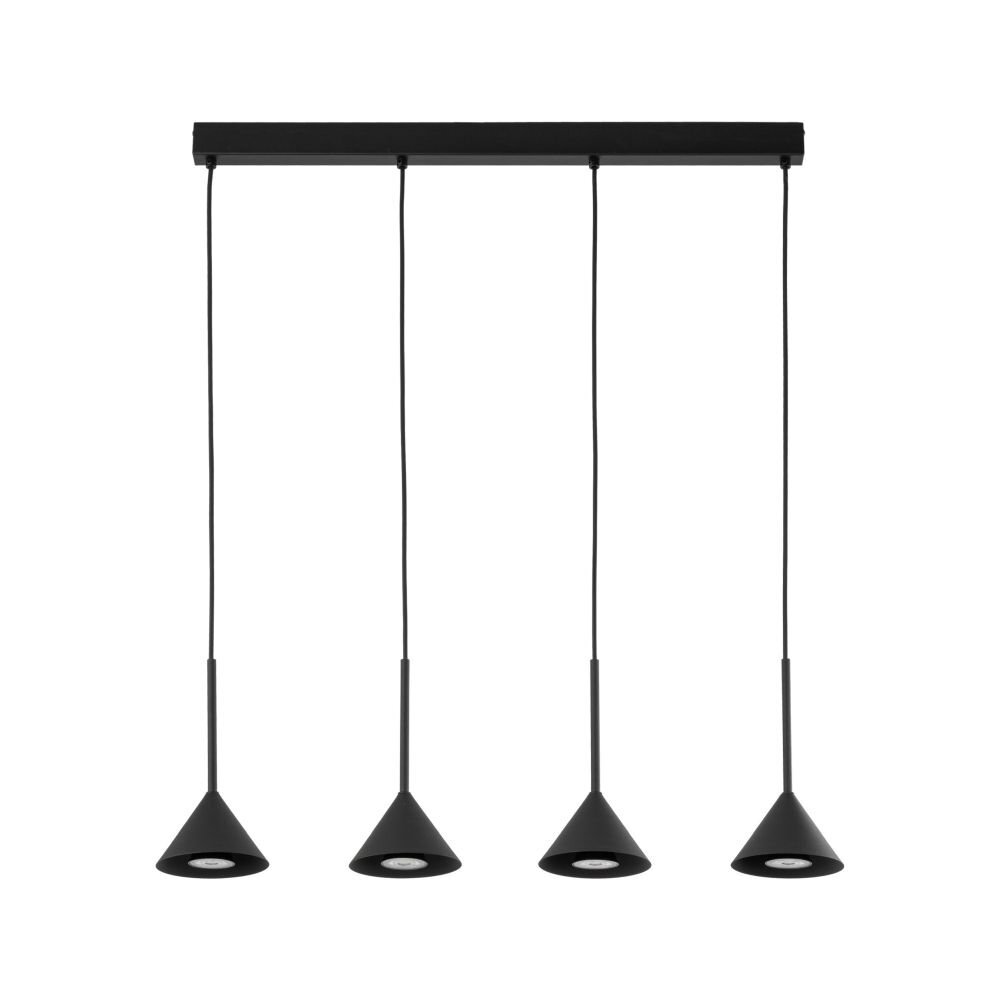 Czarna lampa wisząca z czterema stożkowymi kloszami zawieszonymi na regulowanych przewodach. Klosze są równomiernie rozmieszczone na prostokątnej listwie sufitowej.