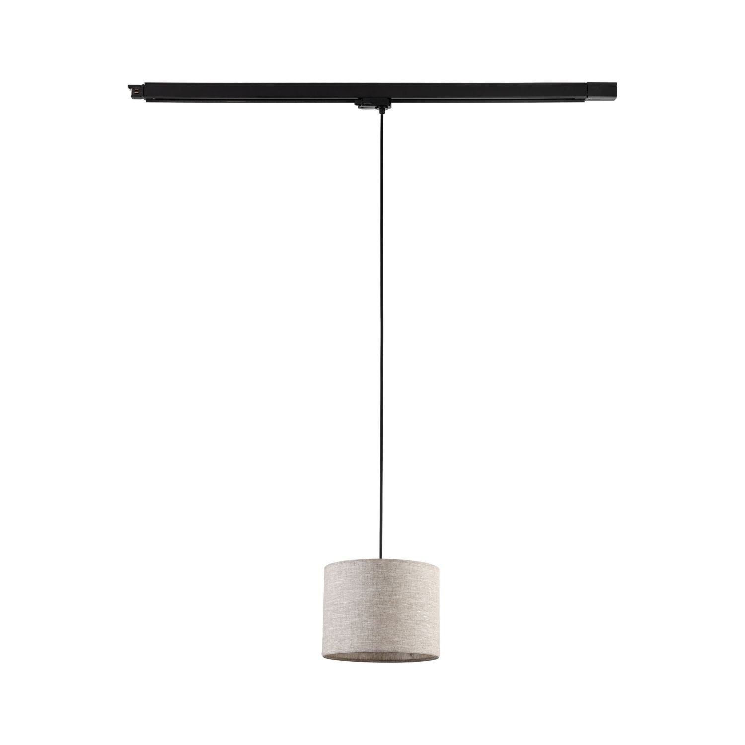 Na obrazie widoczna jest czarna lampa wisząca z lnianym kloszem w kształcie walca, zawieszona na cienkim przewodzie. Lampa jest zamontowana na czarnej szynie sufitowej.