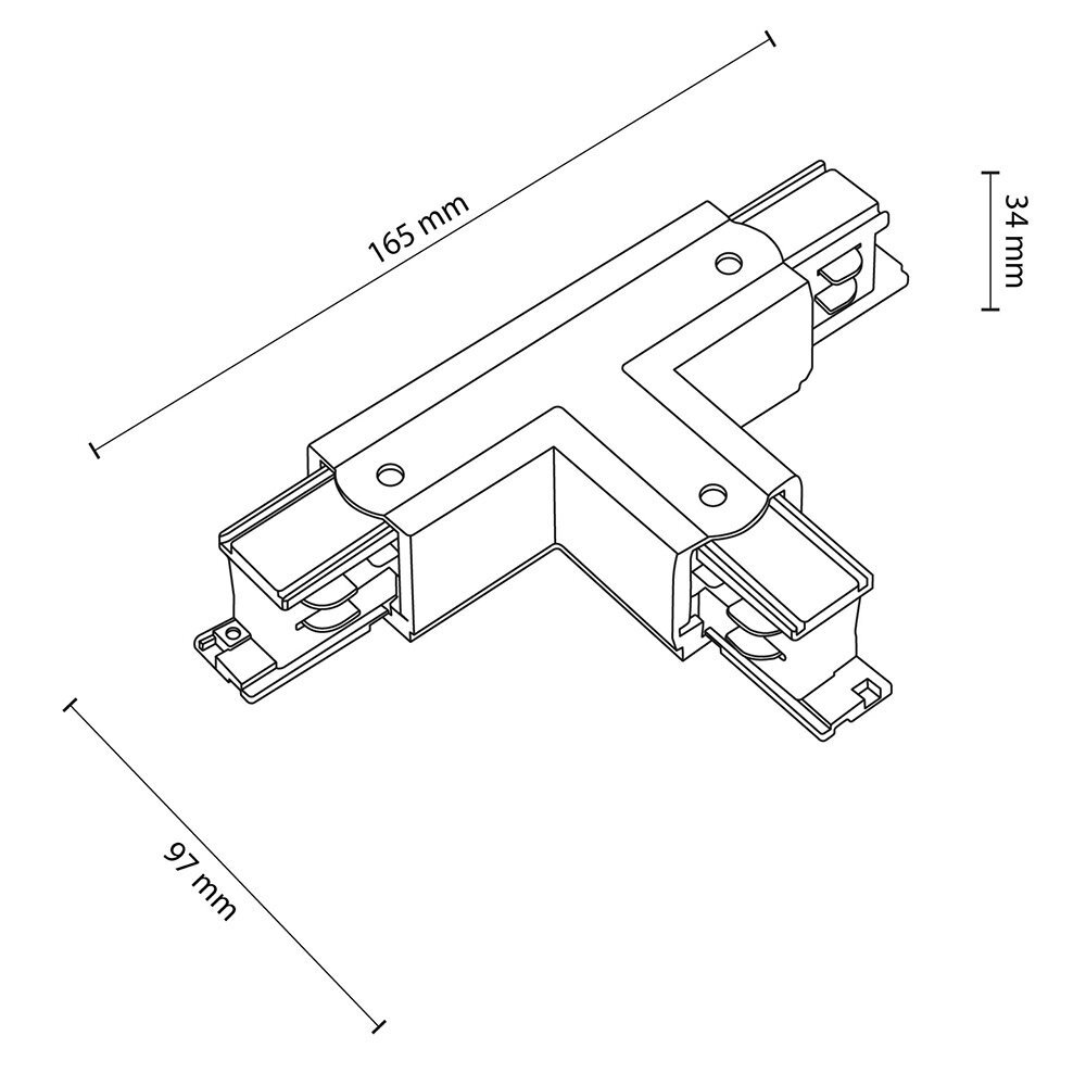 Schematyczny rysunek łącznika T do szynoprzewodu z wymiarami: 165 mm długości, 97 mm szerokości i 34 mm wysokości. Produkt wykonany z metalu, przeznaczony do systemów o napięciu 230V i klasie ochrony IP20.