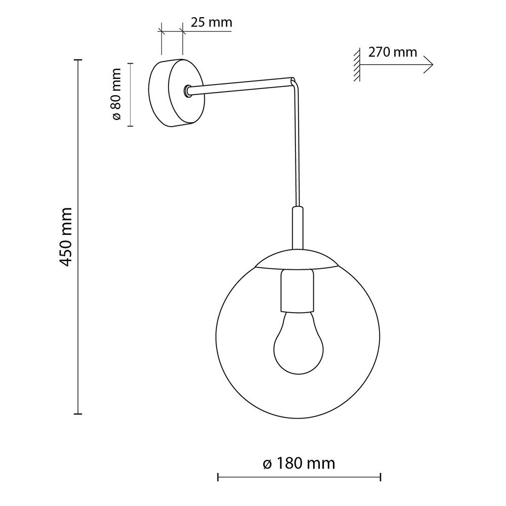 Schematyczny rysunek kinkietu ściennego z wymiarami: wysokość 450 mm, średnica klosza 180 mm, średnica podstawy 80 mm, odległość od ściany 270 mm. Widoczna jest żarówka w kształcie tradycyjnej bańki.