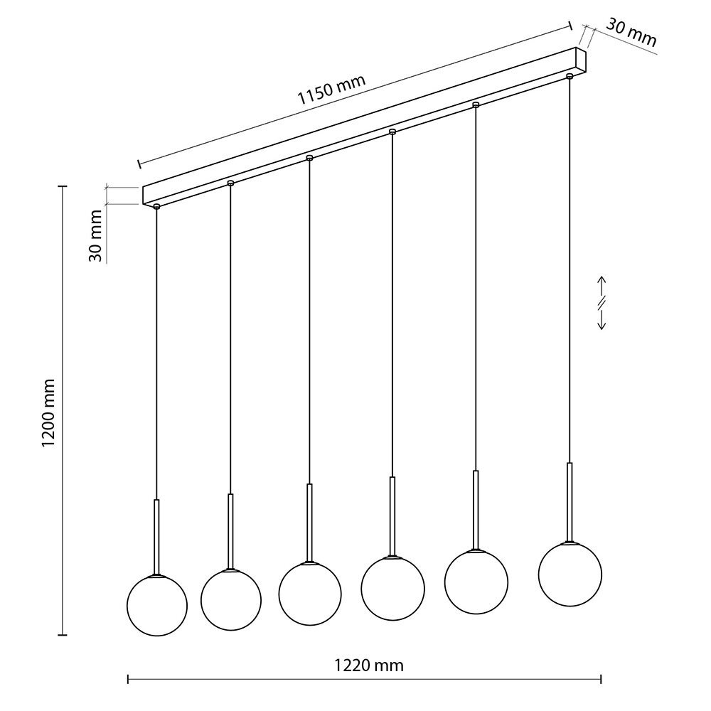 Schematyczny rysunek lampy wiszącej z sześcioma kulistymi kloszami zawieszonymi na listwie. Wymiary: 1150 mm szerokość listwy, 1220 mm całkowita szerokość, 1200 mm wysokość, 30 mm głębokość listwy.