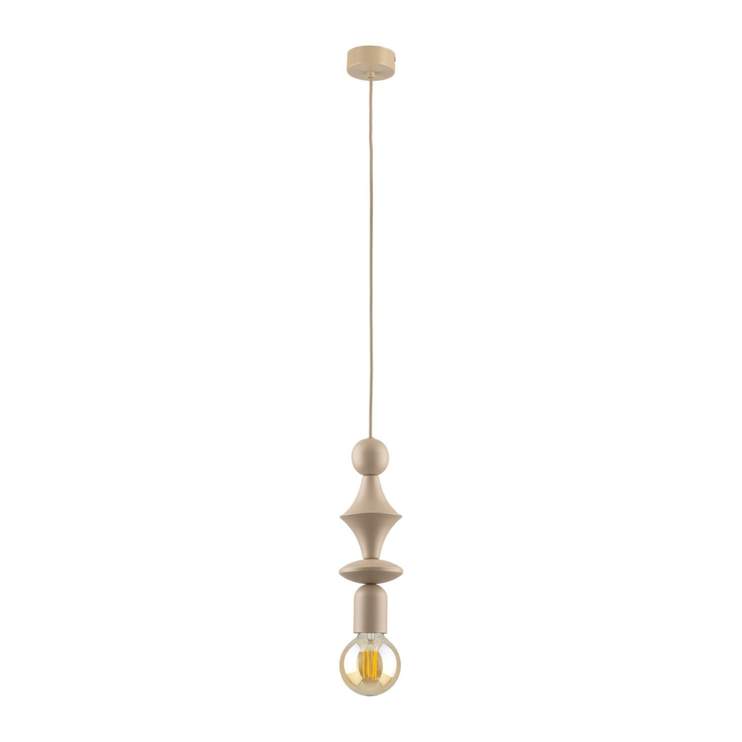 Na obrazie widoczna jest beżowa lampa wisząca o nowoczesnym designie, z ozdobnym elementem nad żarówką. Lampa posiada długi przewód umożliwiający regulację wysokości.