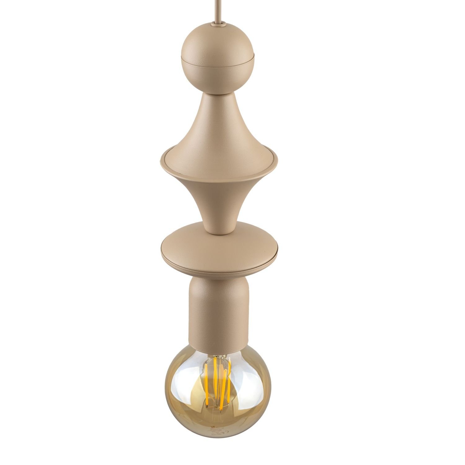 Beżowa lampa wisząca o nowoczesnym designie z metalowym korpusem i widoczną żarówką E27. Korpus lampy ma kształt tuby z dekoracyjnymi elementami.