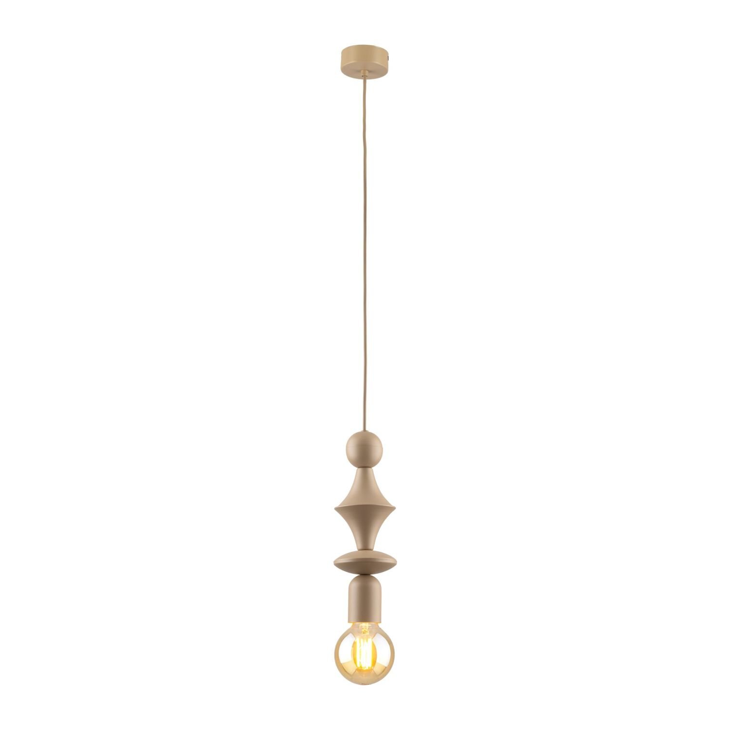 Beżowa lampa wisząca o nowoczesnym designie z metalowymi elementami i widoczną żarówką. Lampa zawieszona jest na cienkim przewodzie z okrągłą podsufitką.