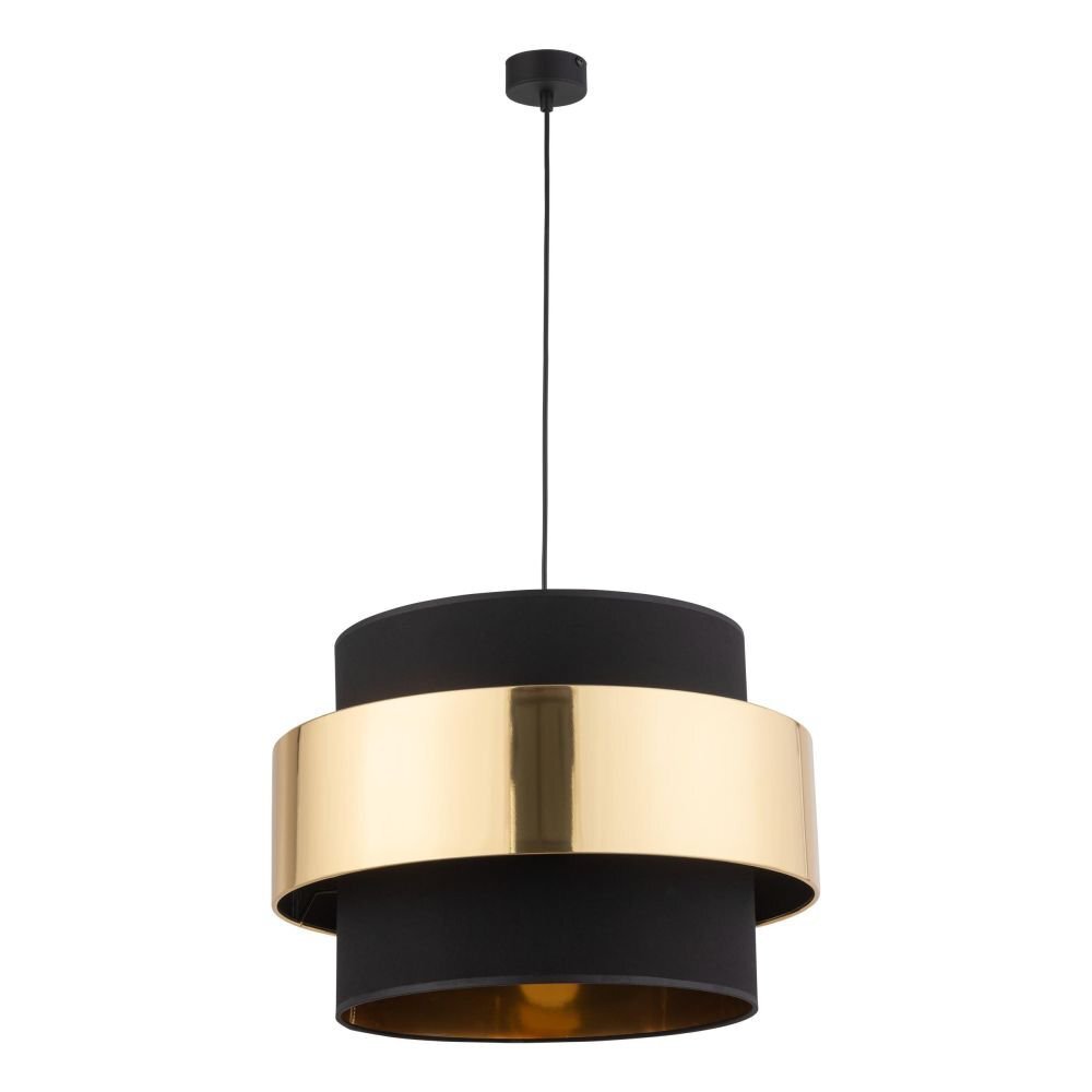Lampa wisząca w kolorze czarno-złotym z cylindrycznym kloszem i złotym pasem pośrodku. Posiada regulowaną wysokość zawieszenia.