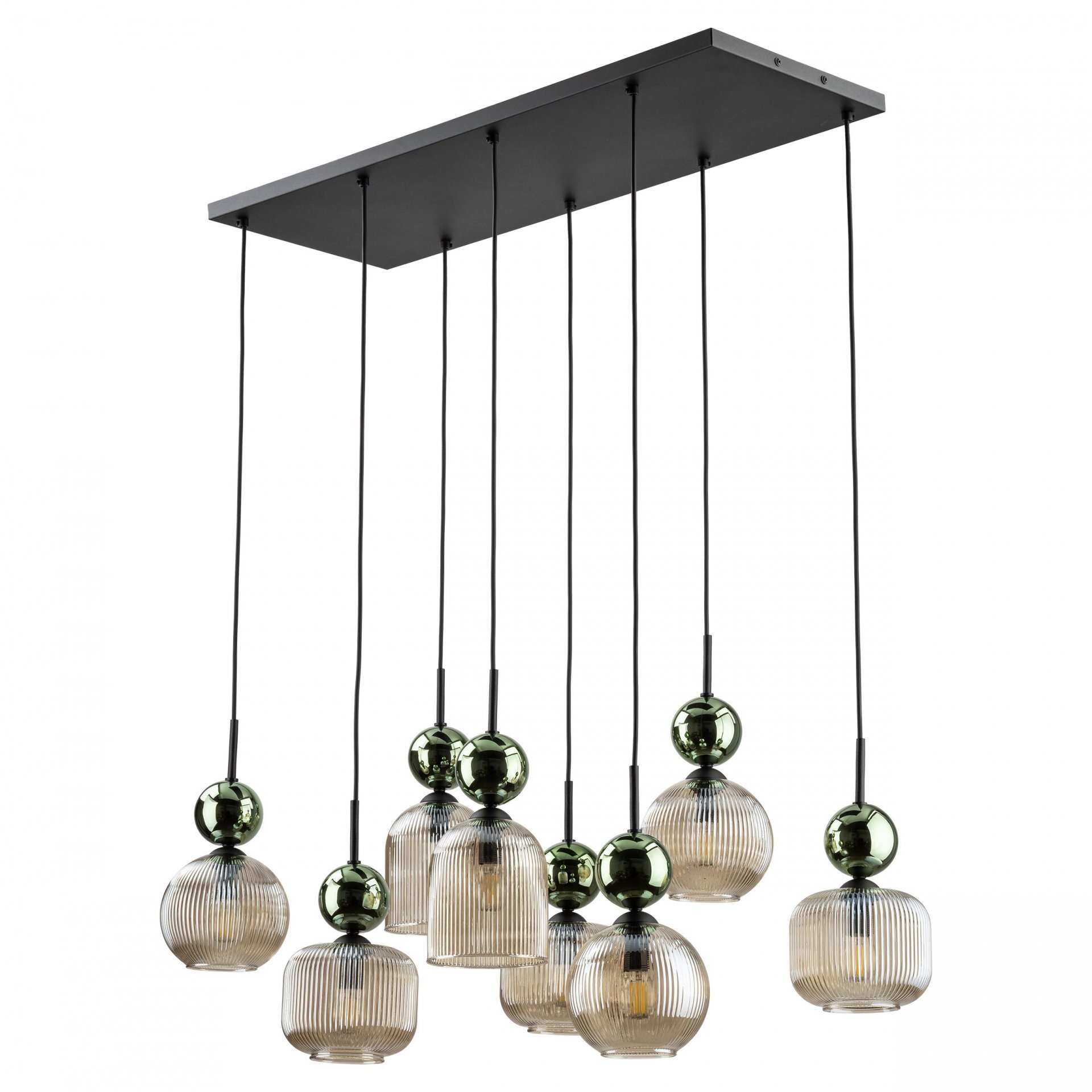 Lampa wisząca z ośmioma żarówkami, posiada czarną konstrukcję i szklane klosze w odcieniach zieleni i koniaku. Klosze są zawieszone na regulowanych przewodach przymocowanych do prostokątnej podstawy.