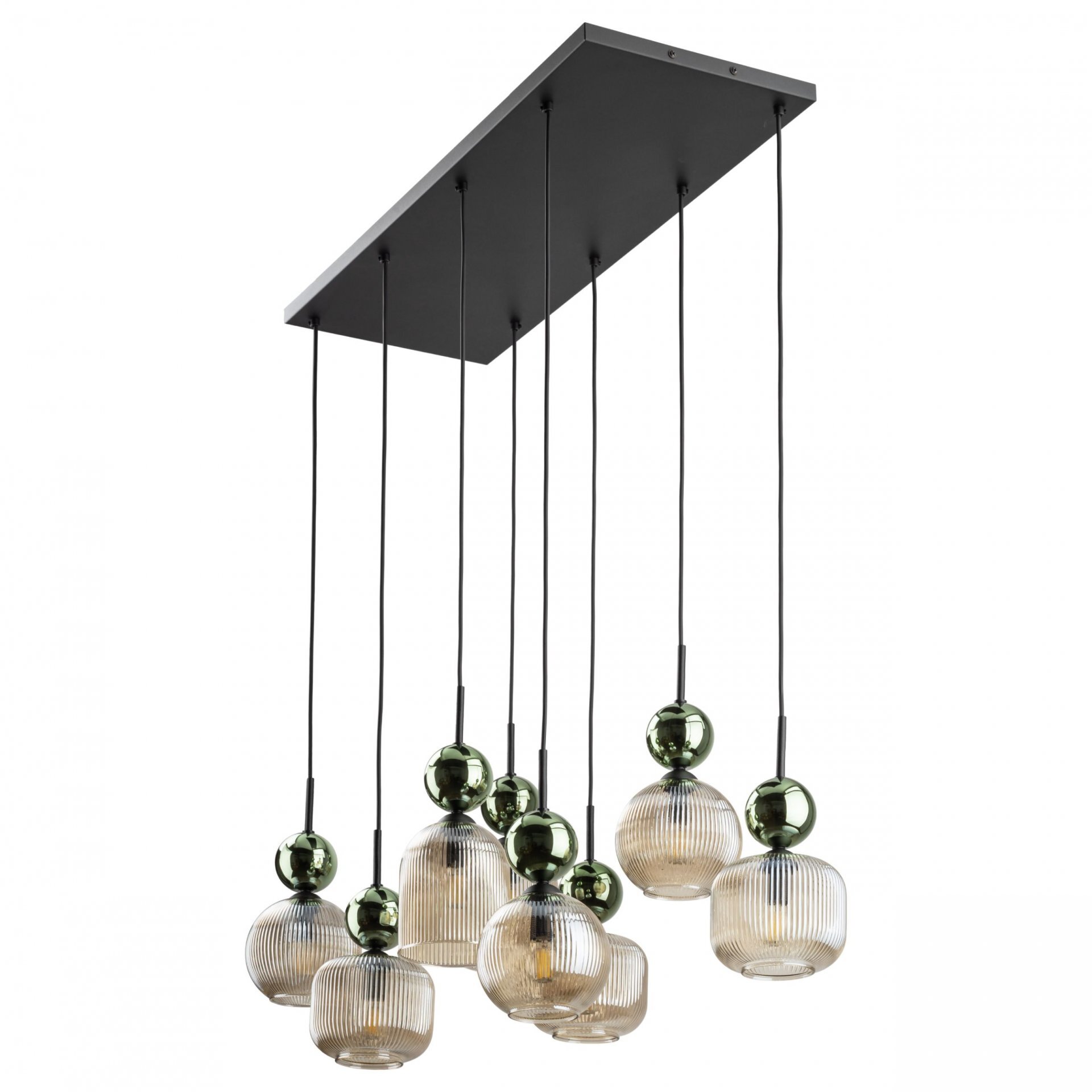 Lampa wisząca z ośmioma szklanymi kloszami w kolorze zielonym i koniakowym, zawieszona na czarnej konstrukcji. Klosze mają kulisty kształt z pionowymi żłobieniami.