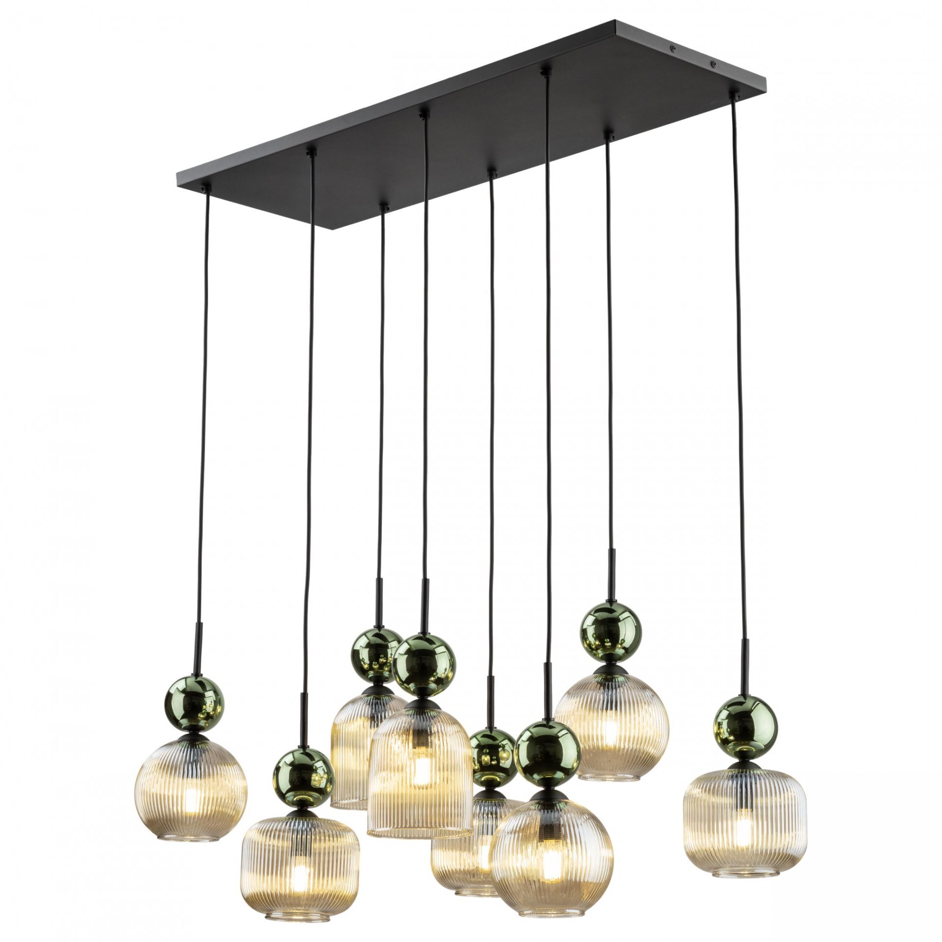 Lampa wisząca z ośmioma żarówkami, każda w szklanym kloszu o żebrowanej fakturze, zawieszona na czarnej konstrukcji. Klosze mają zielonkawe elementy dekoracyjne, a całość jest zamocowana na prostokątnej, czarnej podstawie sufitowej.