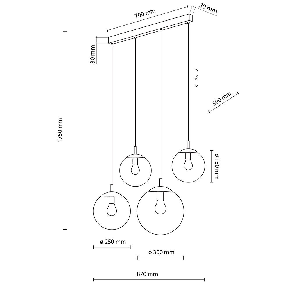 Schemat lampy wiszącej z czterema żarówkami w kulistych kloszach, z wymiarami: 1750 mm wysokości, 870 mm szerokości, klosze o średnicach 180 mm, 250 mm i 300 mm. Widoczne są również wymiary elementów montażowych: 700 mm długości i 30 mm wysokości.