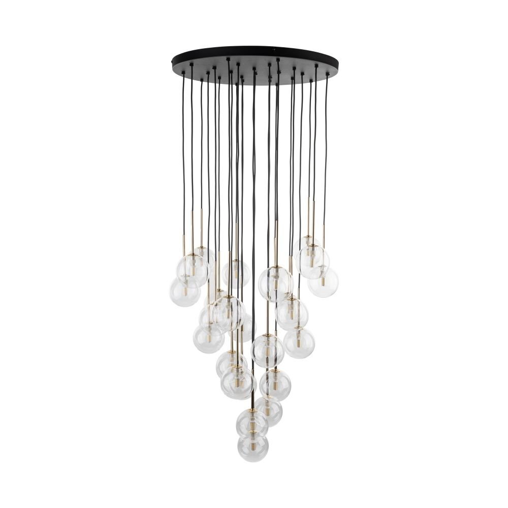 Lampa wisząca z czarną, okrągłą podstawą i wieloma przezroczystymi kulistymi kloszami zawieszonymi na cienkich przewodach. Klosze są rozmieszczone na różnych wysokościach, tworząc efektowną kompozycję.