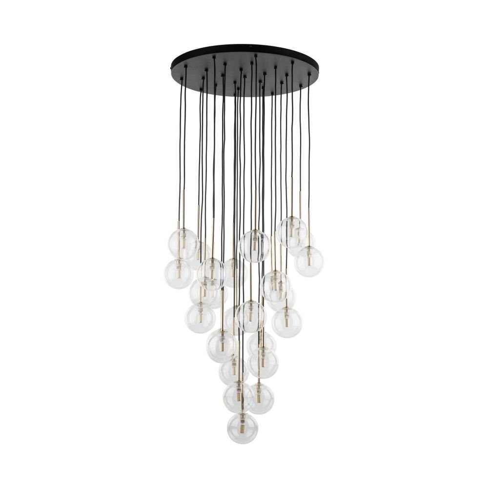 Lampa wisząca z czarną podstawą i wieloma przezroczystymi kulistymi kloszami zawieszonymi na cienkich przewodach. Klosze tworzą efektowną, kaskadową kompozycję.