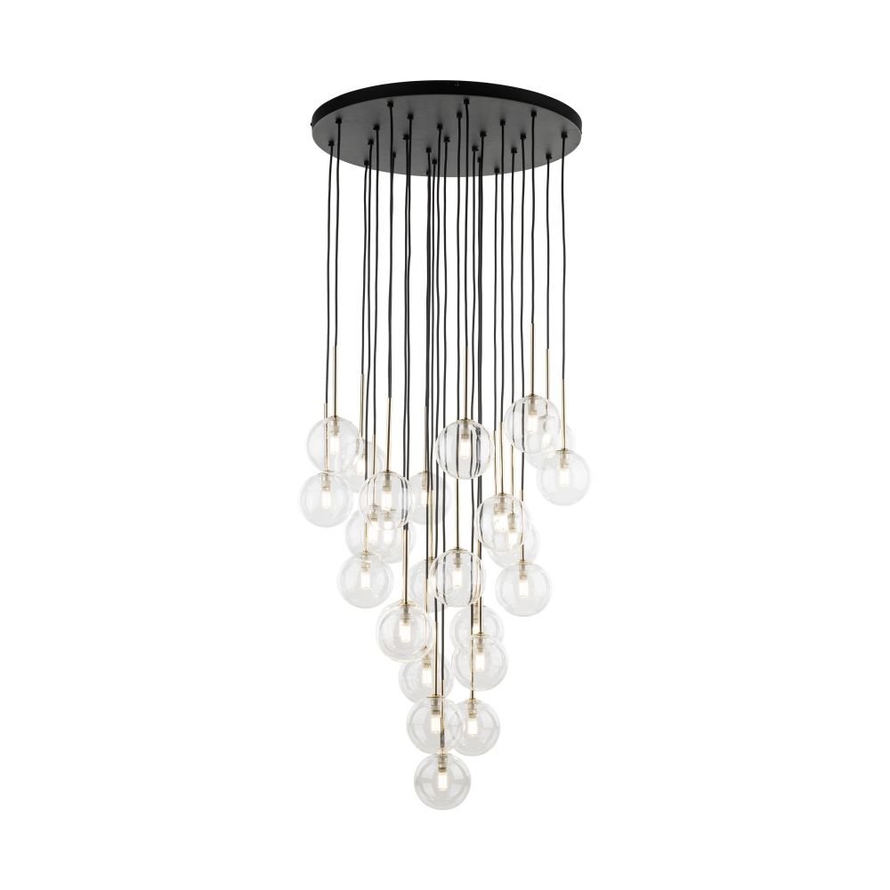 Lampa wisząca z czarną, okrągłą podstawą, z której zwisa wiele przezroczystych kul na cienkich przewodach. Kule są rozmieszczone na różnych wysokościach, tworząc efektowną kompozycję.