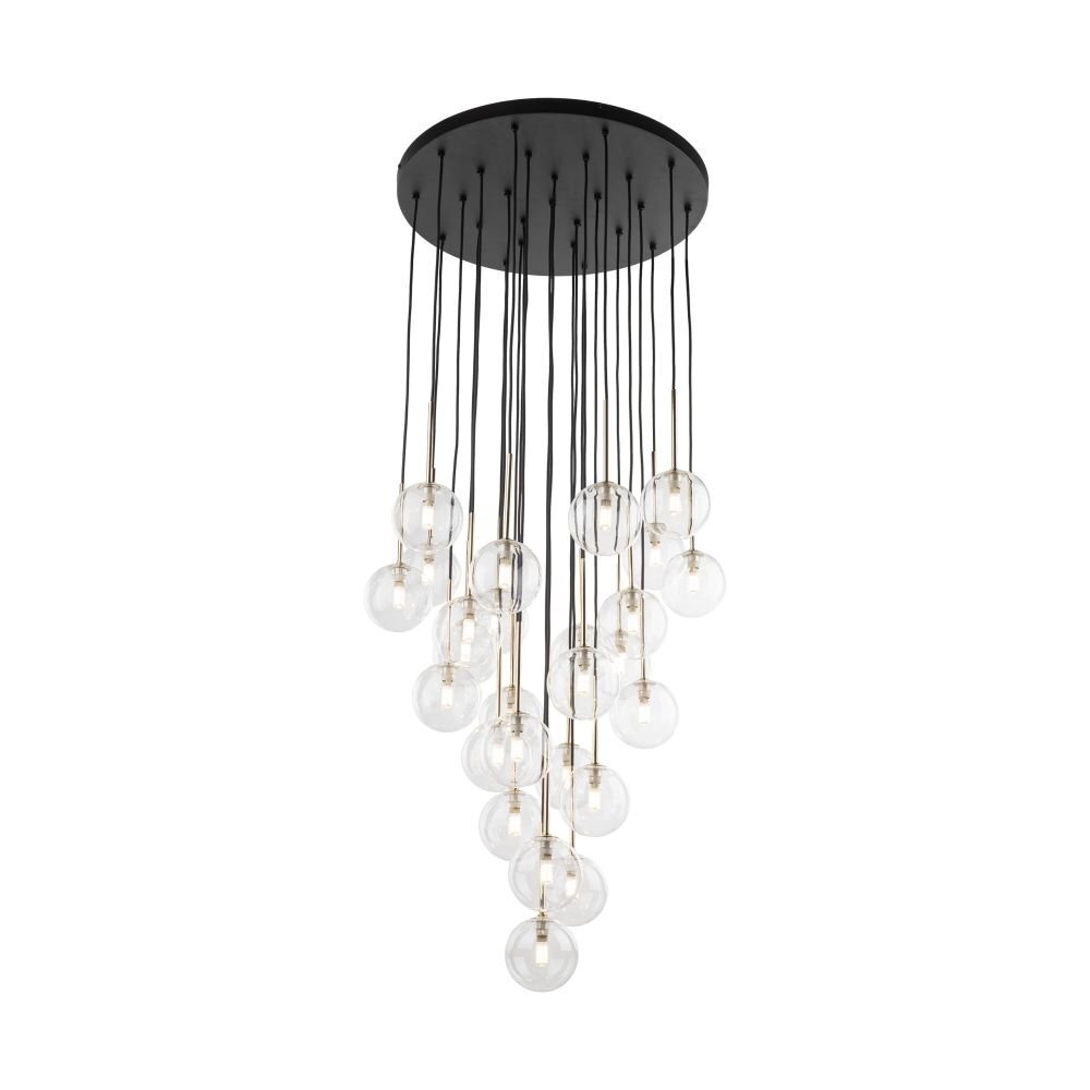 Lampa wisząca z czarną, okrągłą podstawą i wieloma przezroczystymi kloszami w kształcie kul, zawieszonymi na cienkich przewodach. Klosze są rozmieszczone na różnych wysokościach, tworząc efektowną kompozycję.
