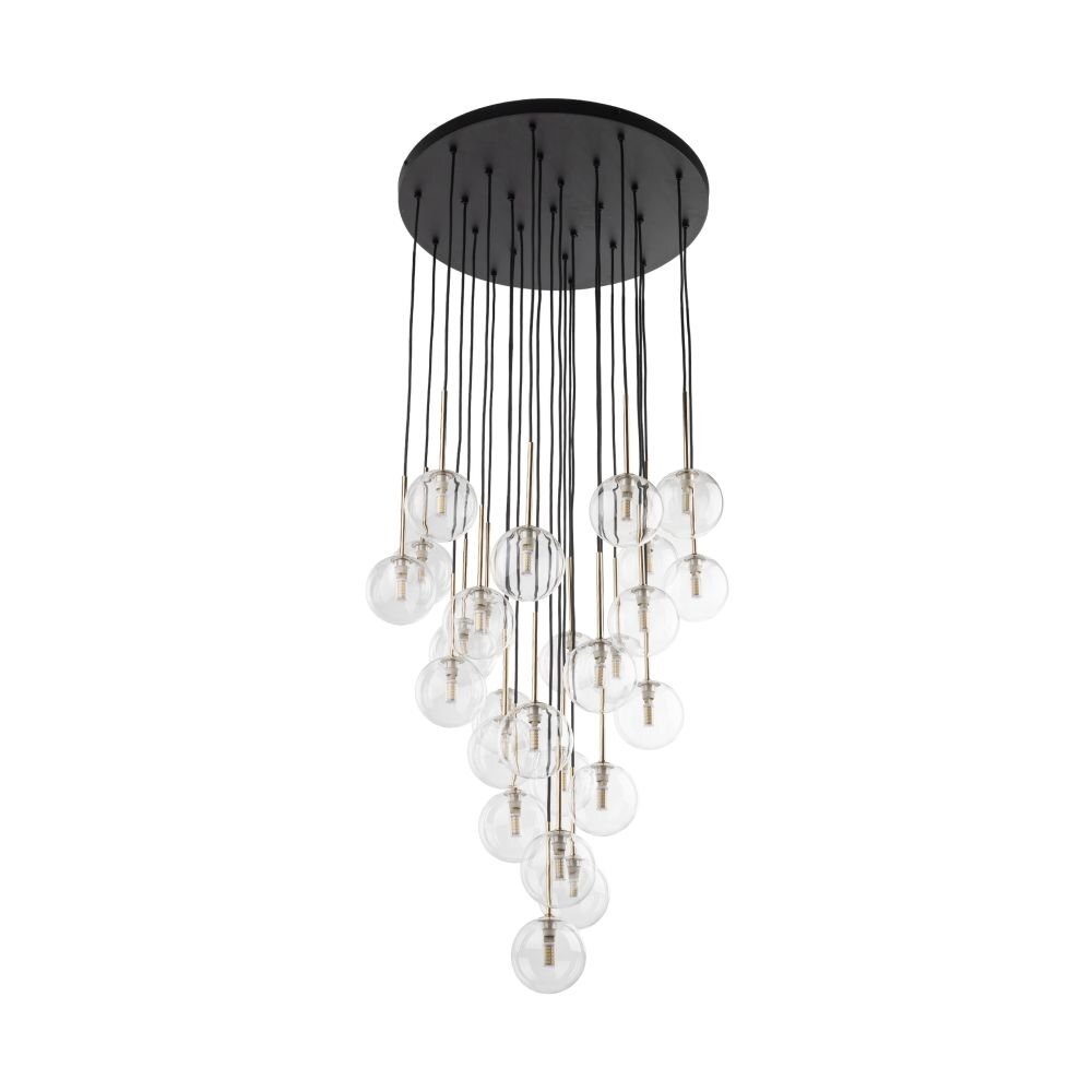 Lampa wisząca z czarną, okrągłą podstawą i wieloma przezroczystymi kulistymi kloszami zawieszonymi na cienkich przewodach. Klosze tworzą efektowną, kaskadową kompozycję.