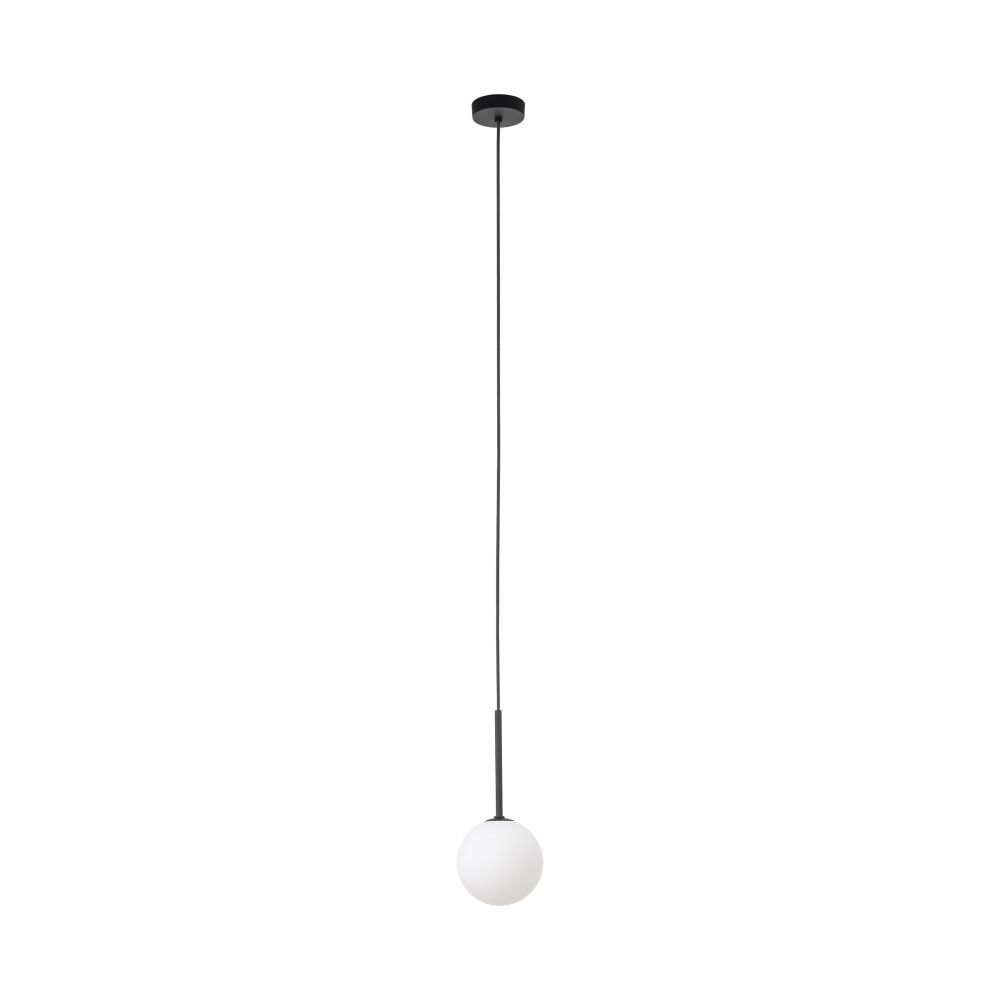 Lampa wisząca z czarnym przewodem i białym, kulistym kloszem. Elementy metalowe są w kolorze czarnym.