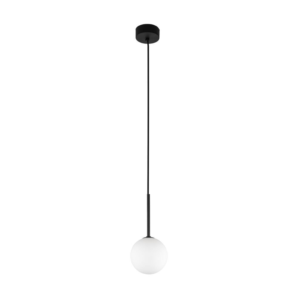 Na obrazie widoczna jest lampa wisząca z czarnym przewodem i białym, kulistym kloszem. Lampa ma prosty, nowoczesny design.