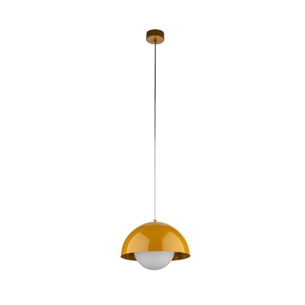 Lampa wisząca w kolorze ochry z półkulistym kloszem i białą dolną częścią. Lampa jest zawieszona na cienkim przewodzie z możliwością regulacji wysokości.