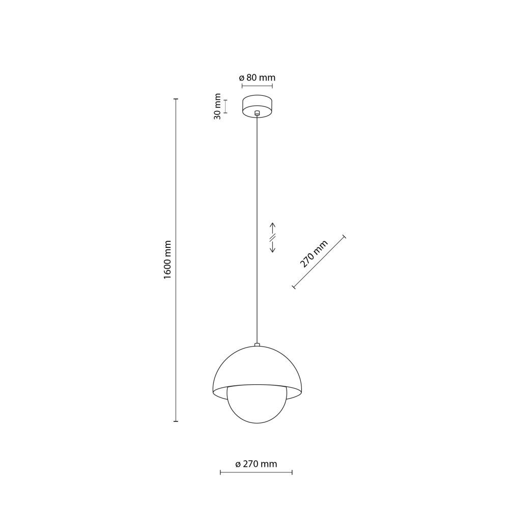 Schematyczny rysunek lampy wiszącej z wymiarami: wysokość całkowita 1600 mm, średnica klosza 270 mm, średnica mocowania sufitowego 80 mm, wysokość mocowania 30 mm.