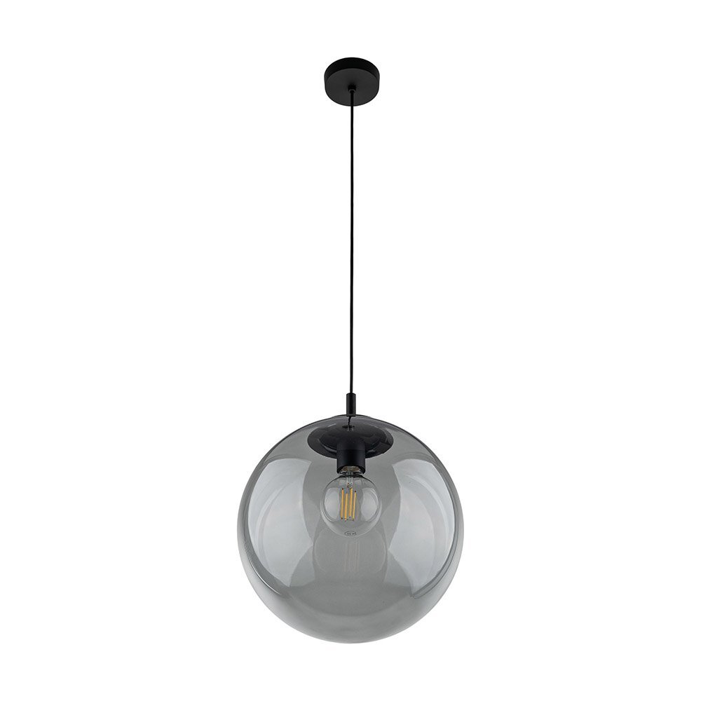 Wisząca lampa z przezroczystym, kulistym kloszem w kolorze grafitowym, zawieszona na czarnym przewodzie. Wewnątrz klosza widoczna jest żarówka typu E27.