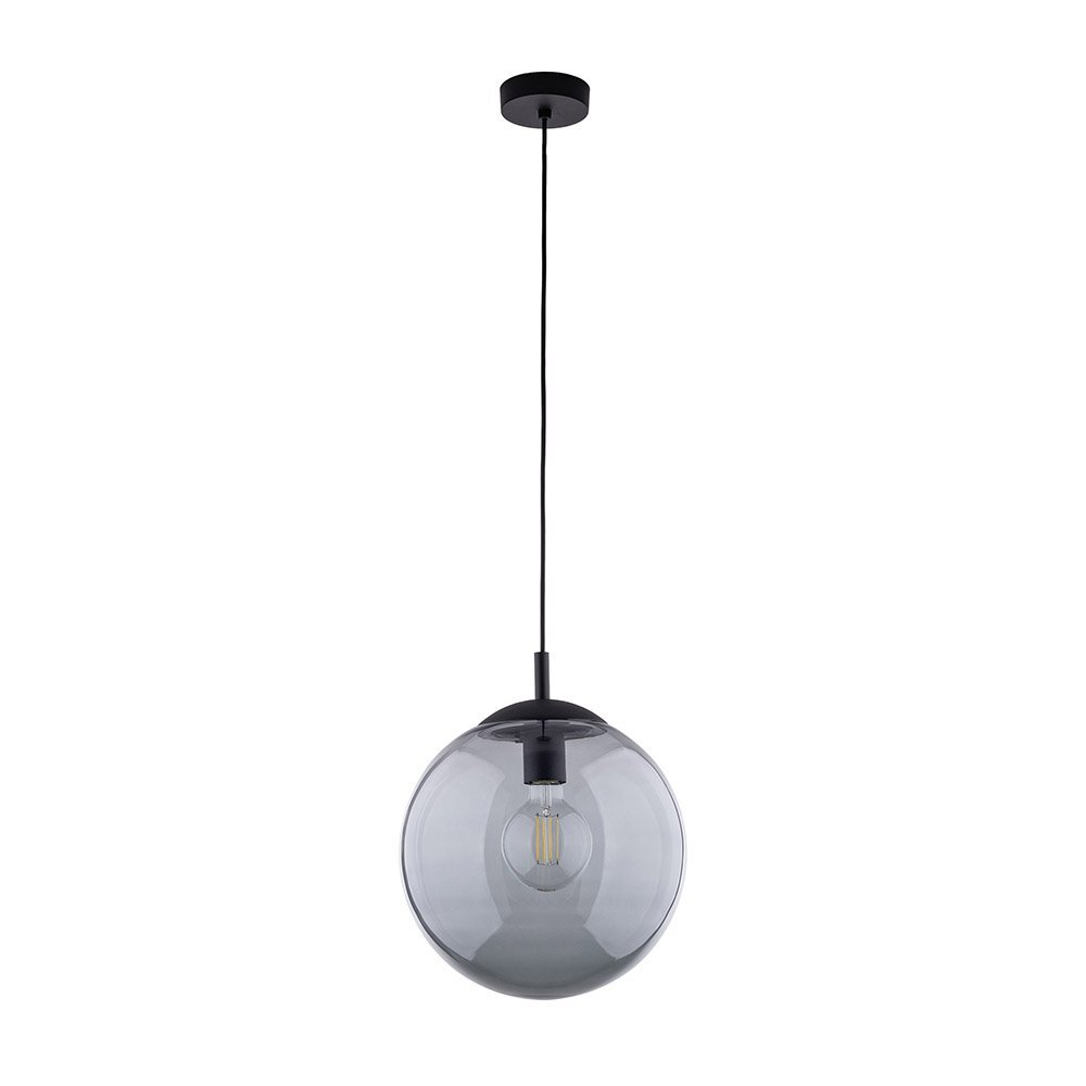 Lampa wisząca z przezroczystym, kulistym kloszem w kolorze grafitowym, zawieszona na cienkim przewodzie. Wewnątrz klosza widoczna jest żarówka typu E27.