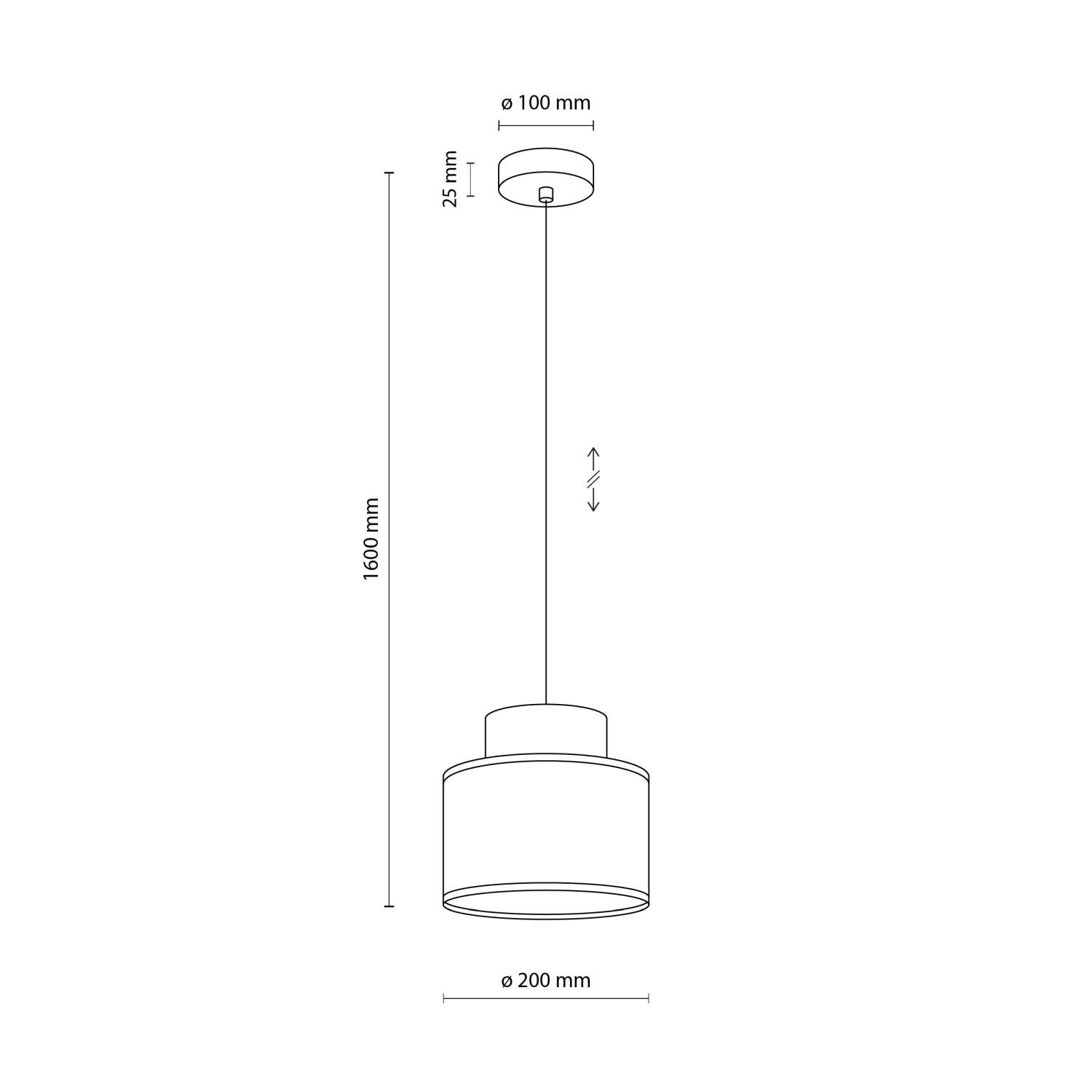 Schematyczny rysunek lampy wiszącej z wymiarami: wysokość regulowana do 1600 mm, średnica klosza 200 mm, średnica mocowania sufitowego 100 mm.