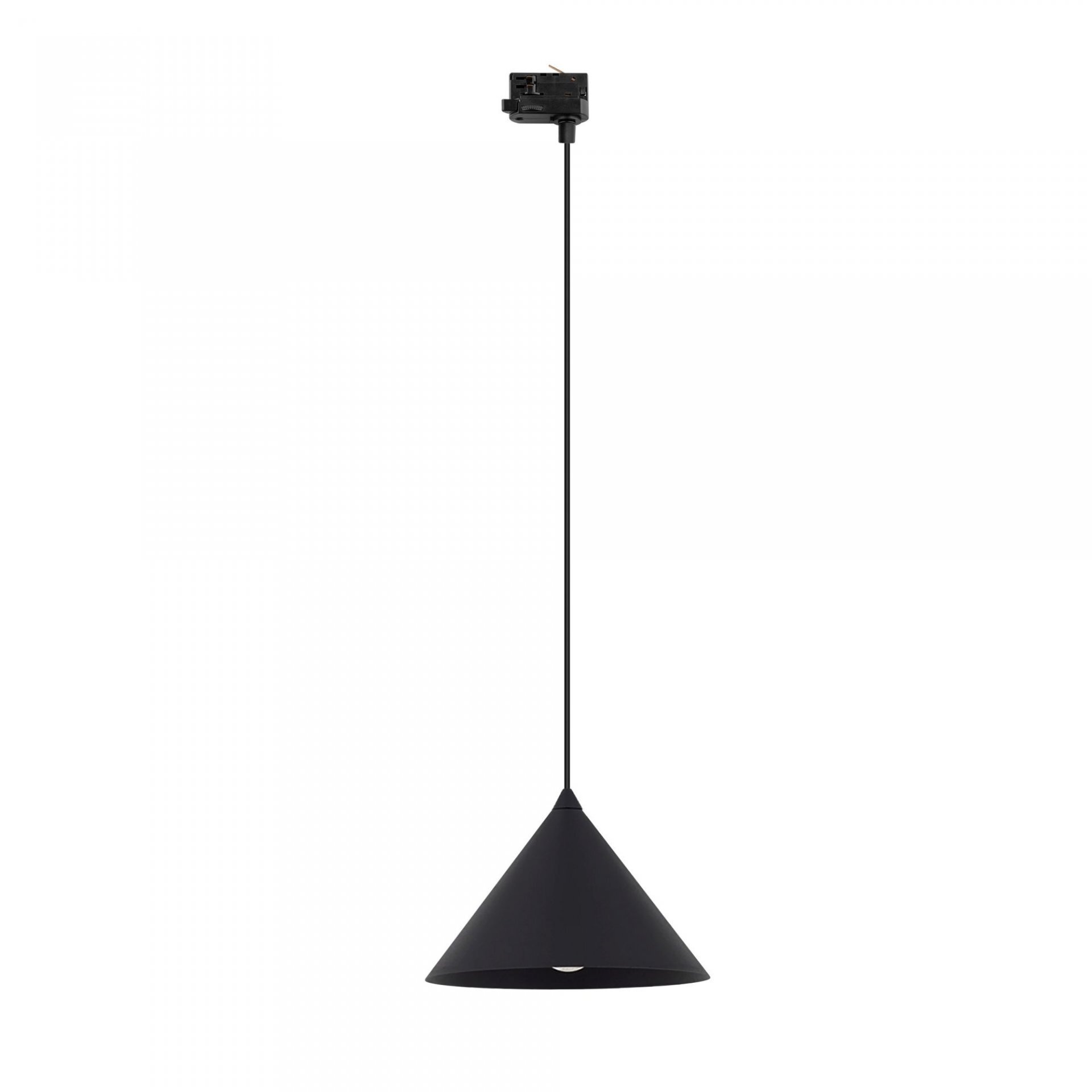 Czarna, metalowa lampa wisząca o stożkowym kształcie z długim przewodem. Lampa posiada możliwość regulacji wysokości.