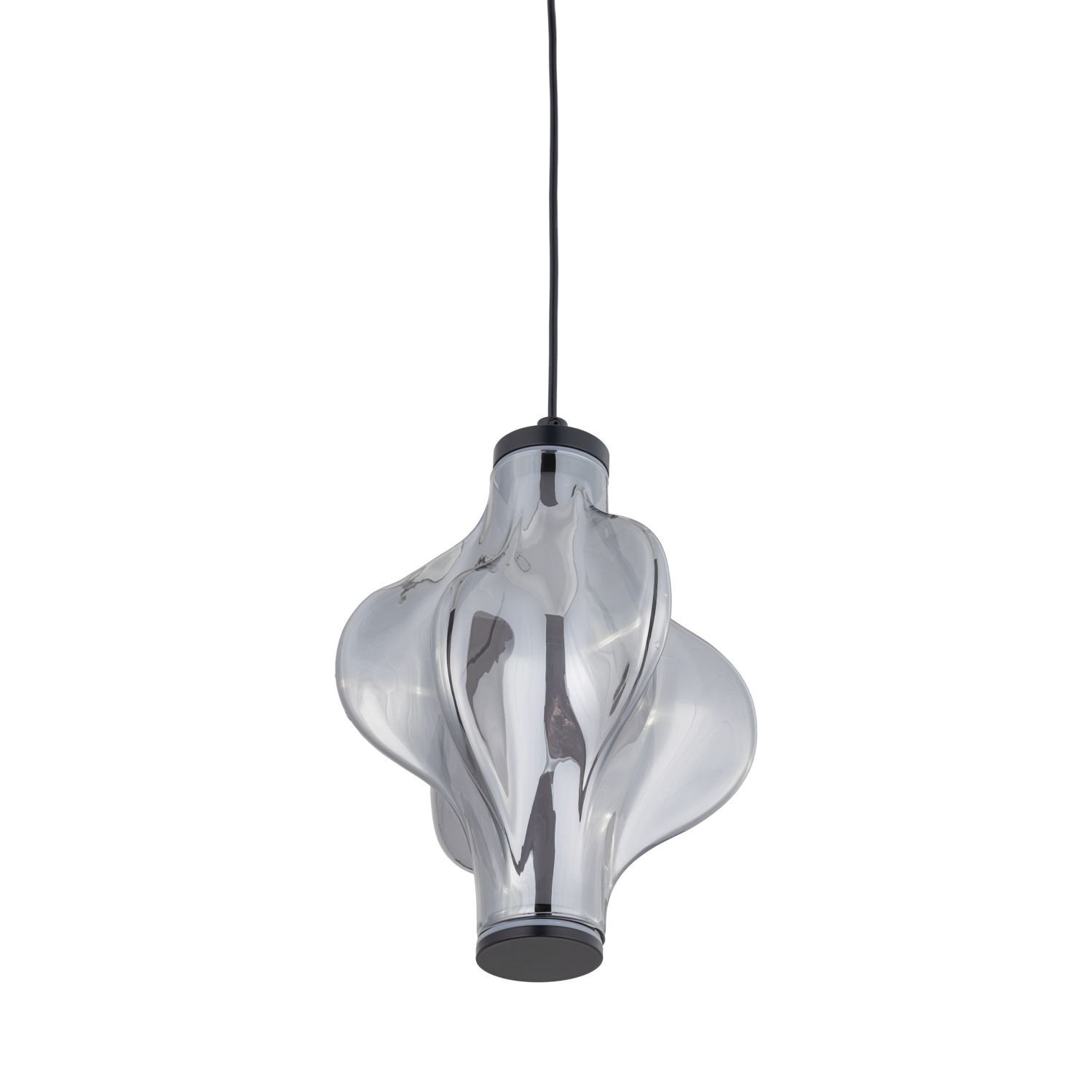 Lampa wisząca z przezroczystym, szklanym kloszem o falistym kształcie, zawieszona na czarnym przewodzie. Klosz ma metaliczne wykończenie i nowoczesny design.