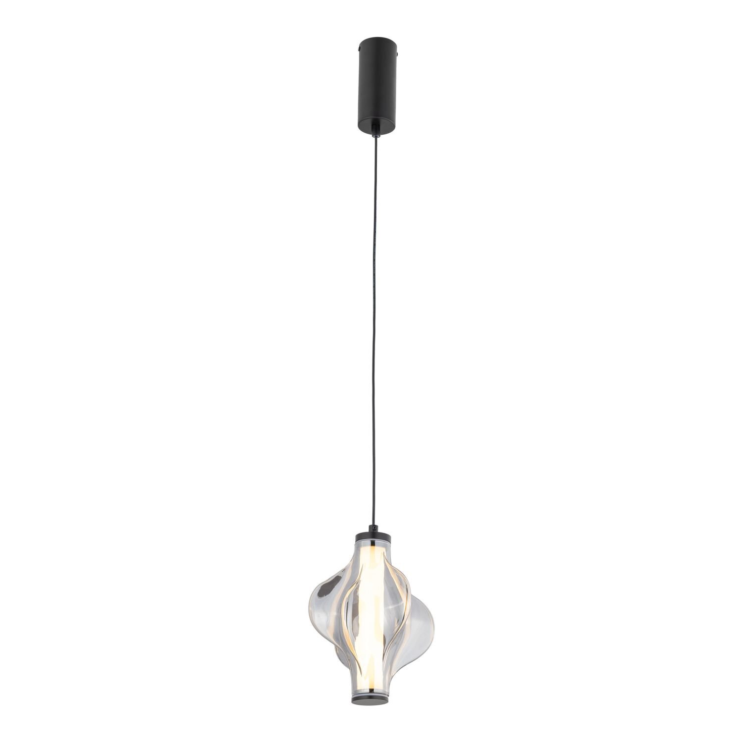 Lampa wisząca z czarnym przewodem i okrągłym, złotym kloszem. Uchwyt montażowy jest czarny i okrągły.