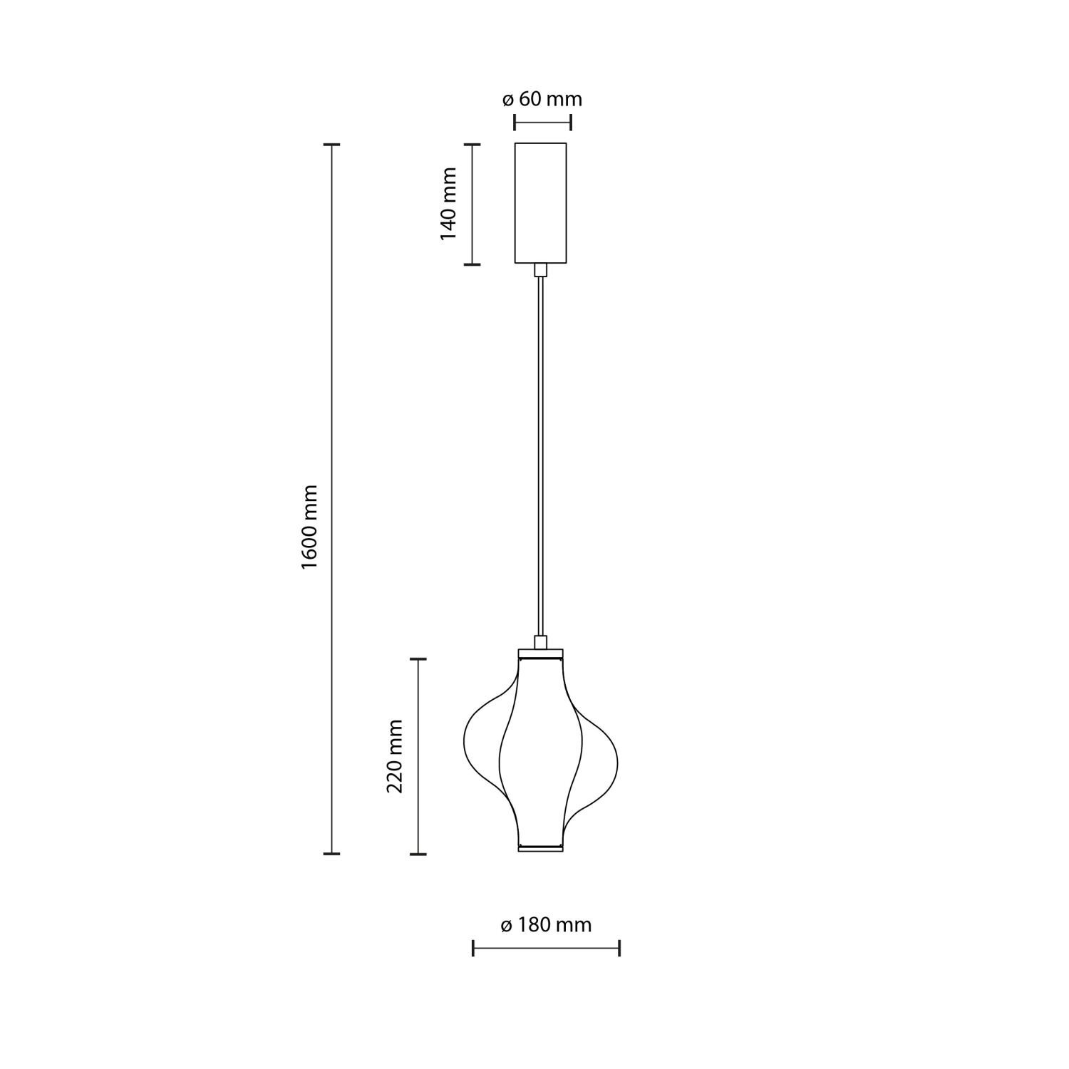 Schemat lampy wiszącej z wymiarami: wysokość całkowita 1600 mm, wysokość klosza 220 mm, średnica klosza 180 mm, średnica podsufitki 60 mm, wysokość podsufitki 140 mm.