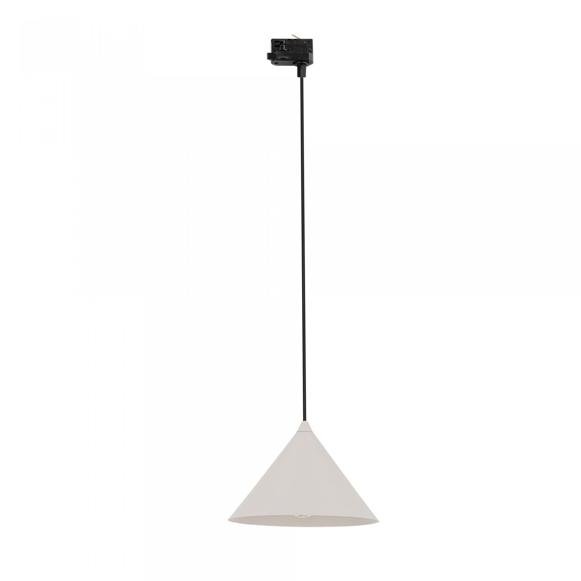 Lampa wisząca o stożkowym kloszu w jasnym kolorze, zawieszona na czarnym przewodzie. Element mocujący do szyny jest czarny.