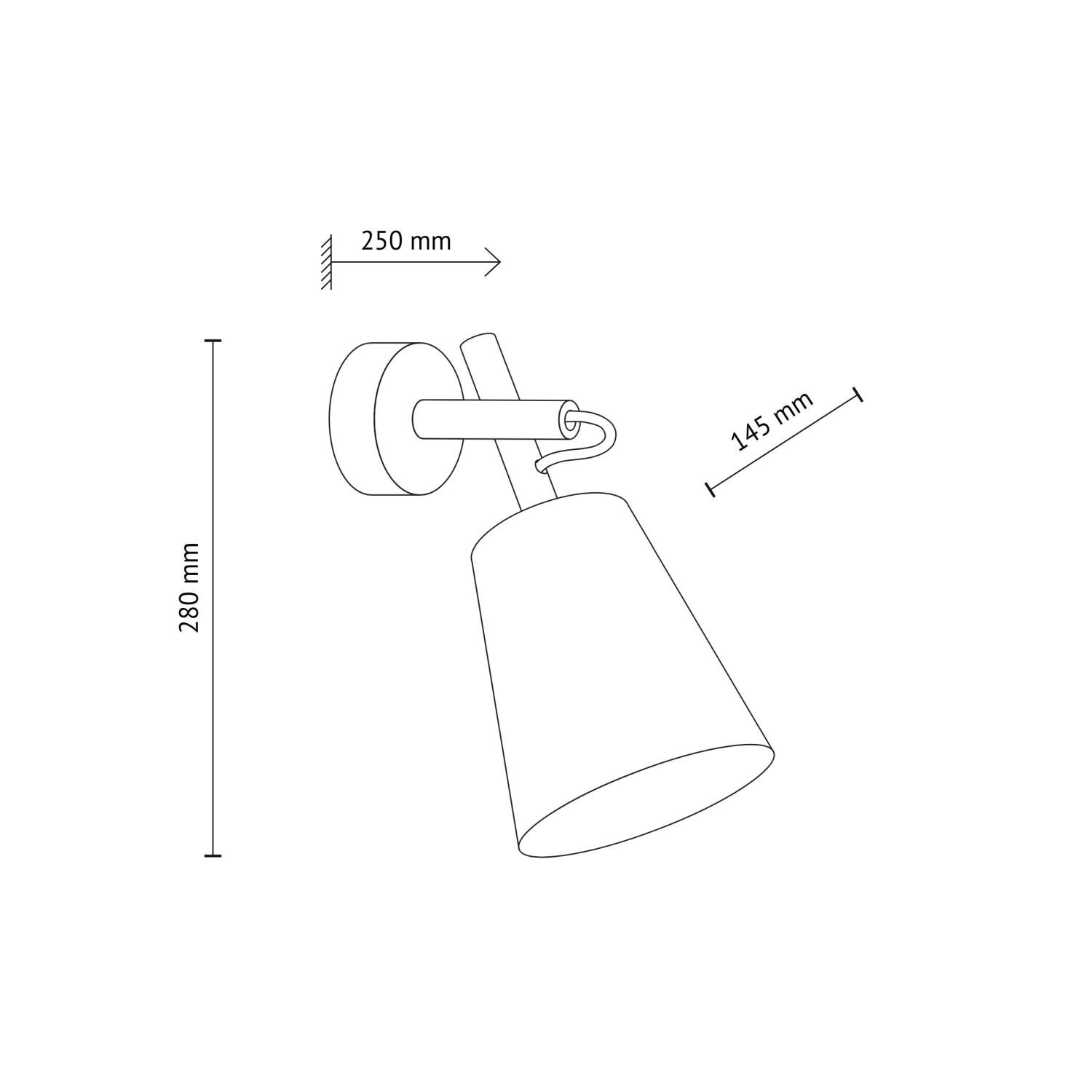 Schematyczny rysunek kinkietu ściennego z wymiarami: 280 mm wysokości, 250 mm głębokości i 145 mm szerokości klosza. Kinkiet ma prostą konstrukcję z okrągłą podstawą montażową i stożkowym kloszem.
