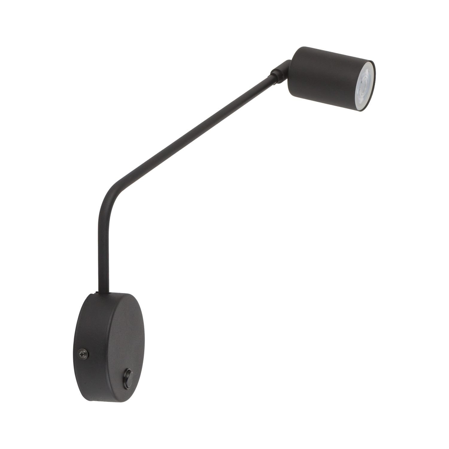 Czarny kinkiet ścienny z regulowanym wysięgnikiem i włącznikiem. Lampa ma cylindryczny klosz i okrągłą podstawę montażową.