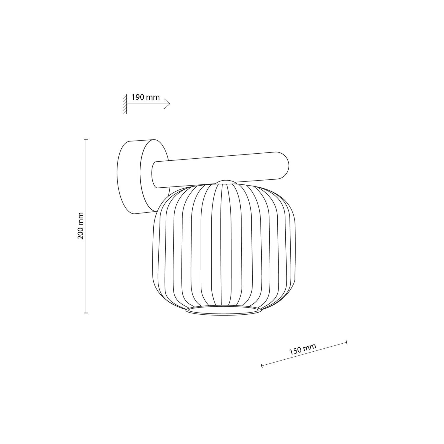 Schematyczny rysunek kinkietu ściennego z wymiarami: 200 mm wysokości, 190 mm głębokości i 150 mm szerokości. Kinkiet ma okrągły klosz z pionowymi liniami i prostokątny uchwyt montażowy.