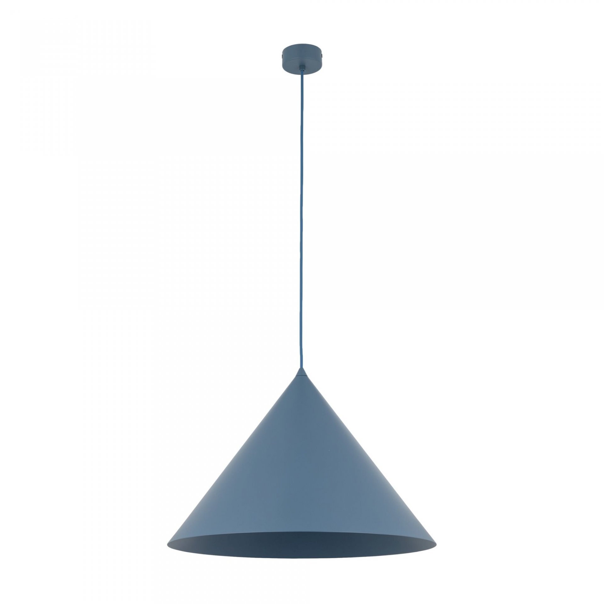 Na obrazie widoczna jest granatowa lampa wisząca o stożkowym kształcie, zawieszona na cienkim przewodzie. Lampa ma prosty, nowoczesny design.