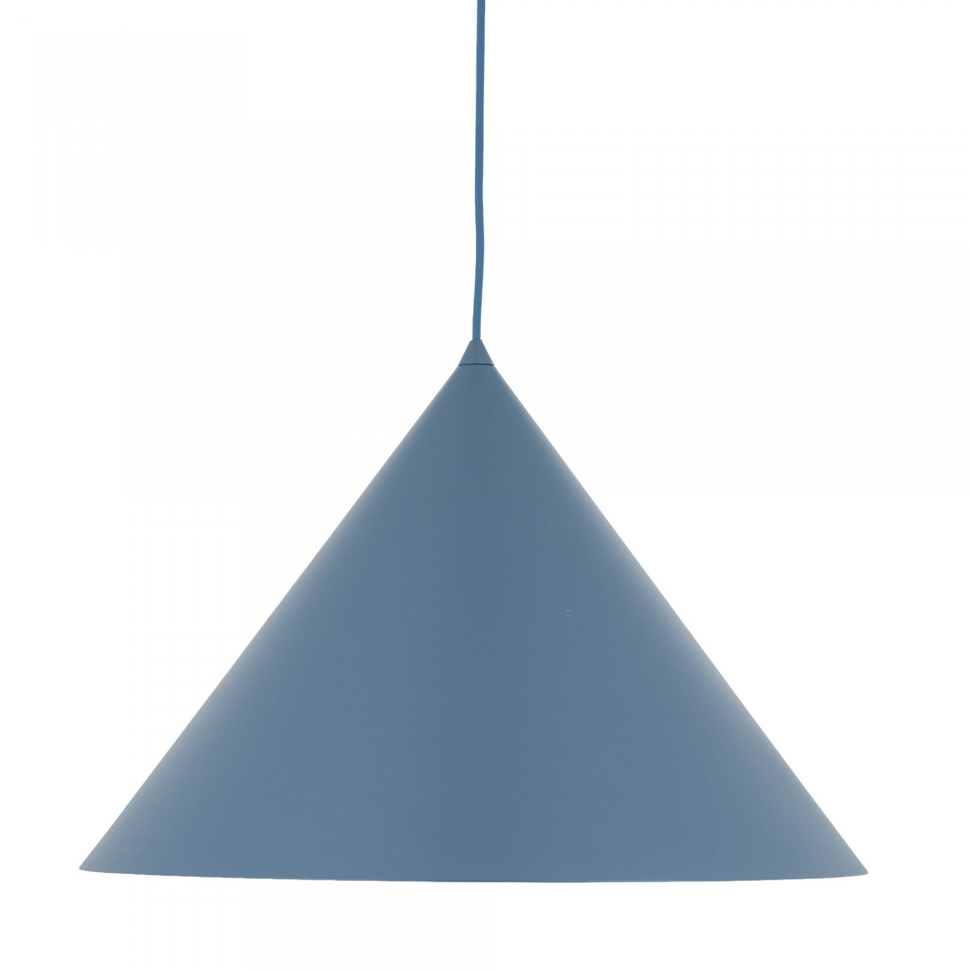 Lampa wisząca w kształcie stożka, w kolorze granatowym, z przewodem w tym samym odcieniu. Wykonana z metalu, przeznaczona do montażu sufitowego.