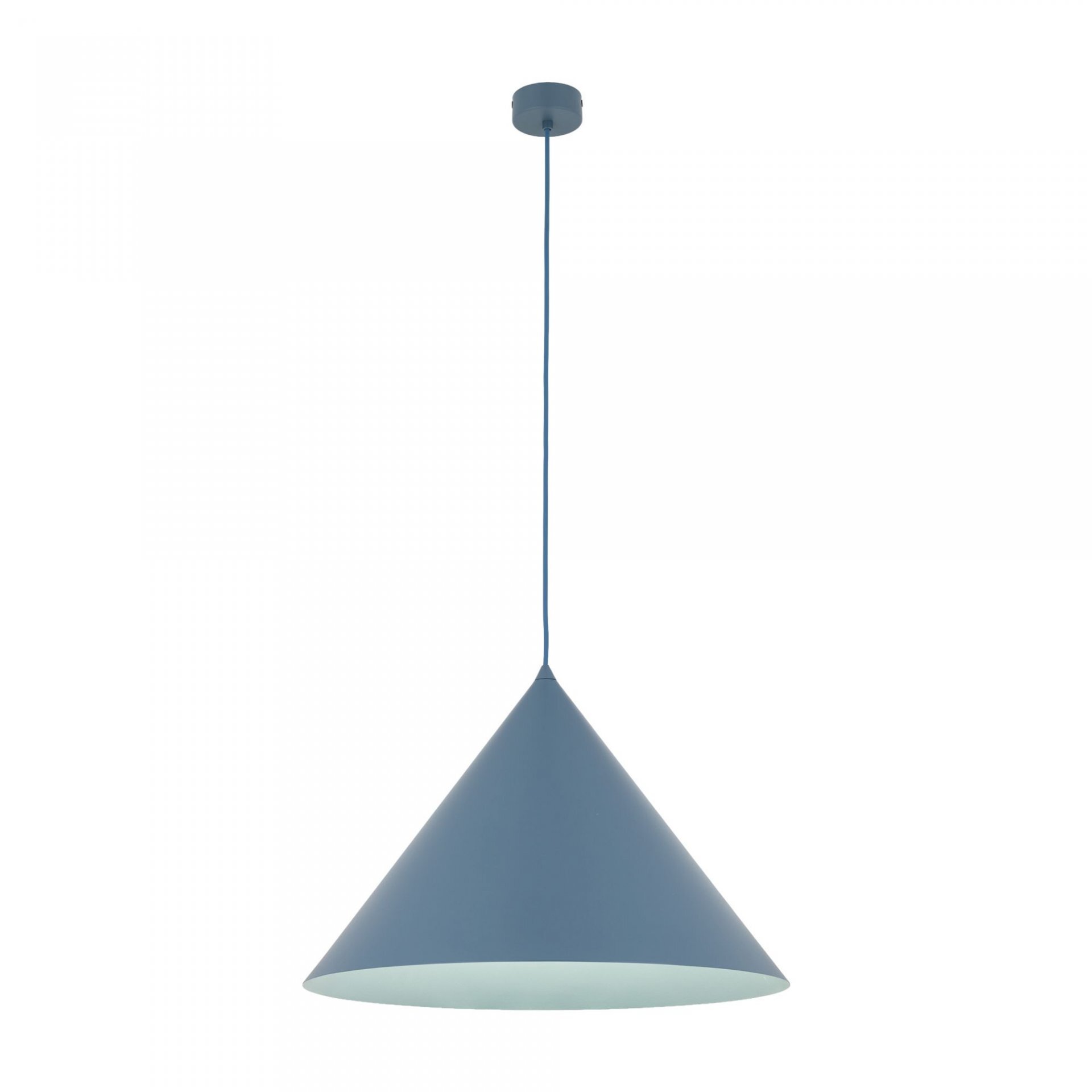Lampa wisząca w kształcie stożka, w kolorze granatowym, z długim przewodem i okrągłą podsufitką. Wykonana z metalu, przeznaczona do żarówki E27.