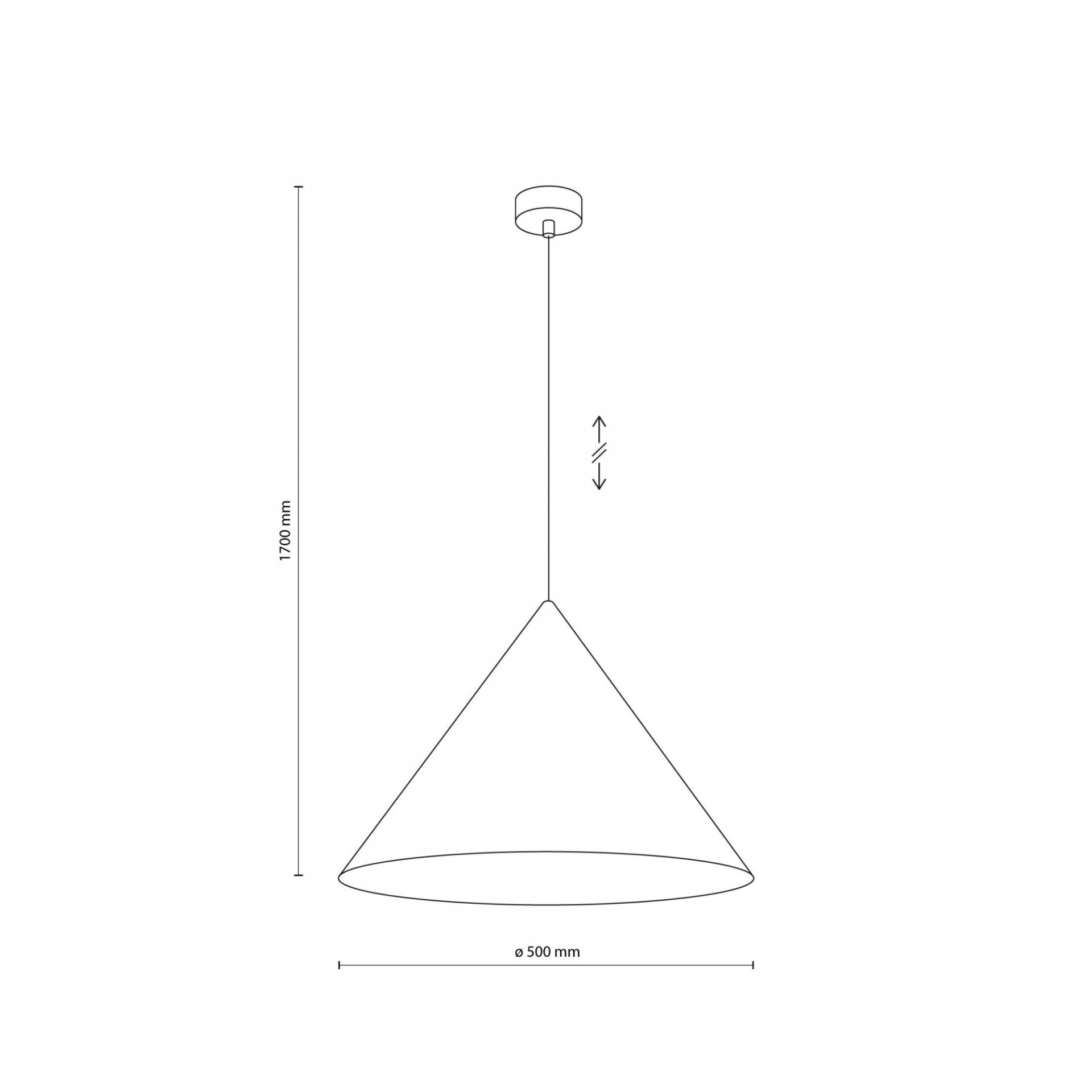 Schematyczny rysunek lampy wiszącej w kształcie stożka z możliwością regulacji wysokości. Wymiary: wysokość 1700 mm, średnica 500 mm.